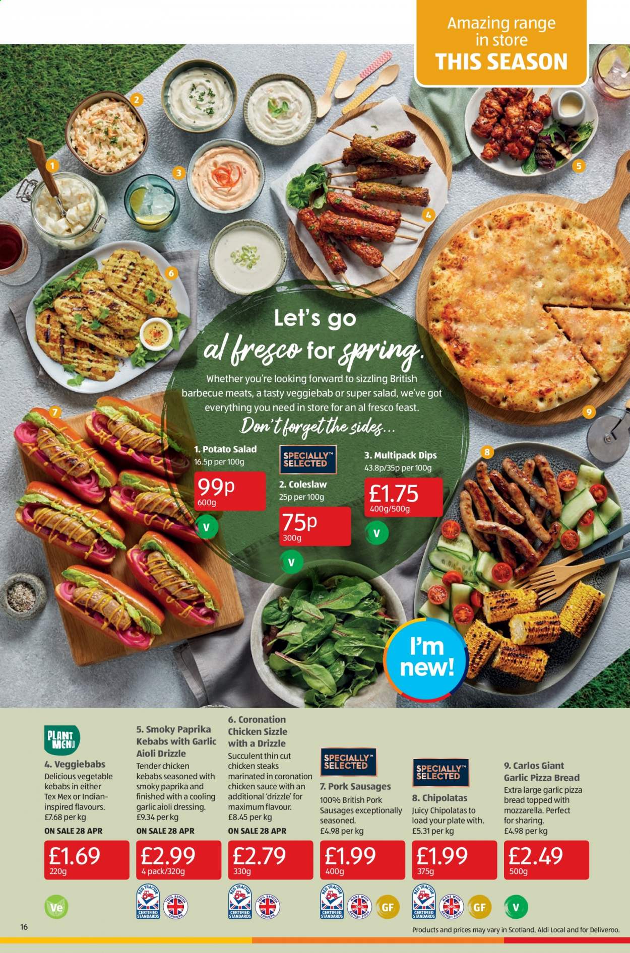 thumbnail - Aldi offer  - 25/04/2021 - 02/05/2021 - Sales products - steak, bread, coleslaw, sauce, chicken kabobs, sausage, potato salad, dressing, plate, succulent. Page 16.