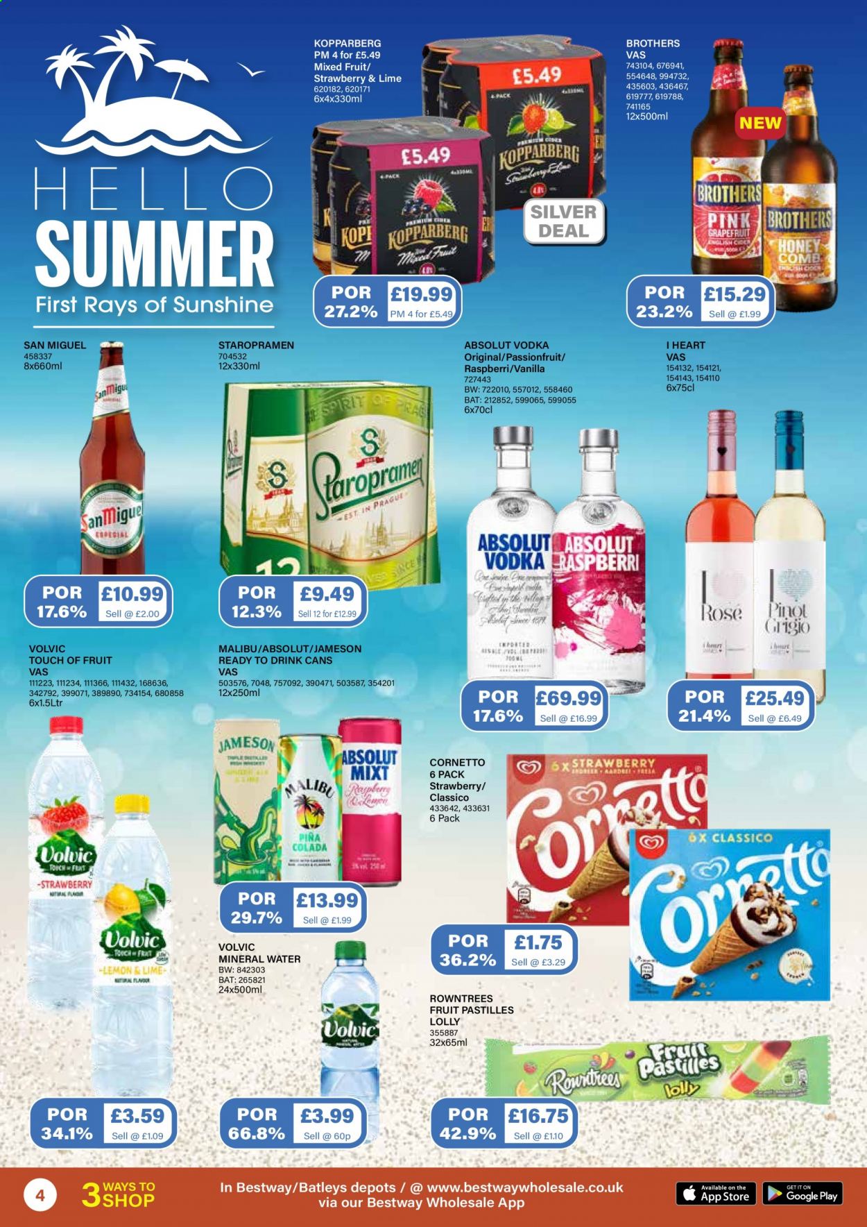 thumbnail - Bestway offer  - 23/04/2021 - 20/05/2021 - Sales products - Kopparberg, San Miguel, grapefruits, Sunshine, Cornetto, lollipop, pastilles, Classico, honey, Volvic, mineral water, white wine, wine, Pinot Grigio, rosé wine, vodka, Jameson, Absolut, BROTHERS, Malibu, comb. Page 4.