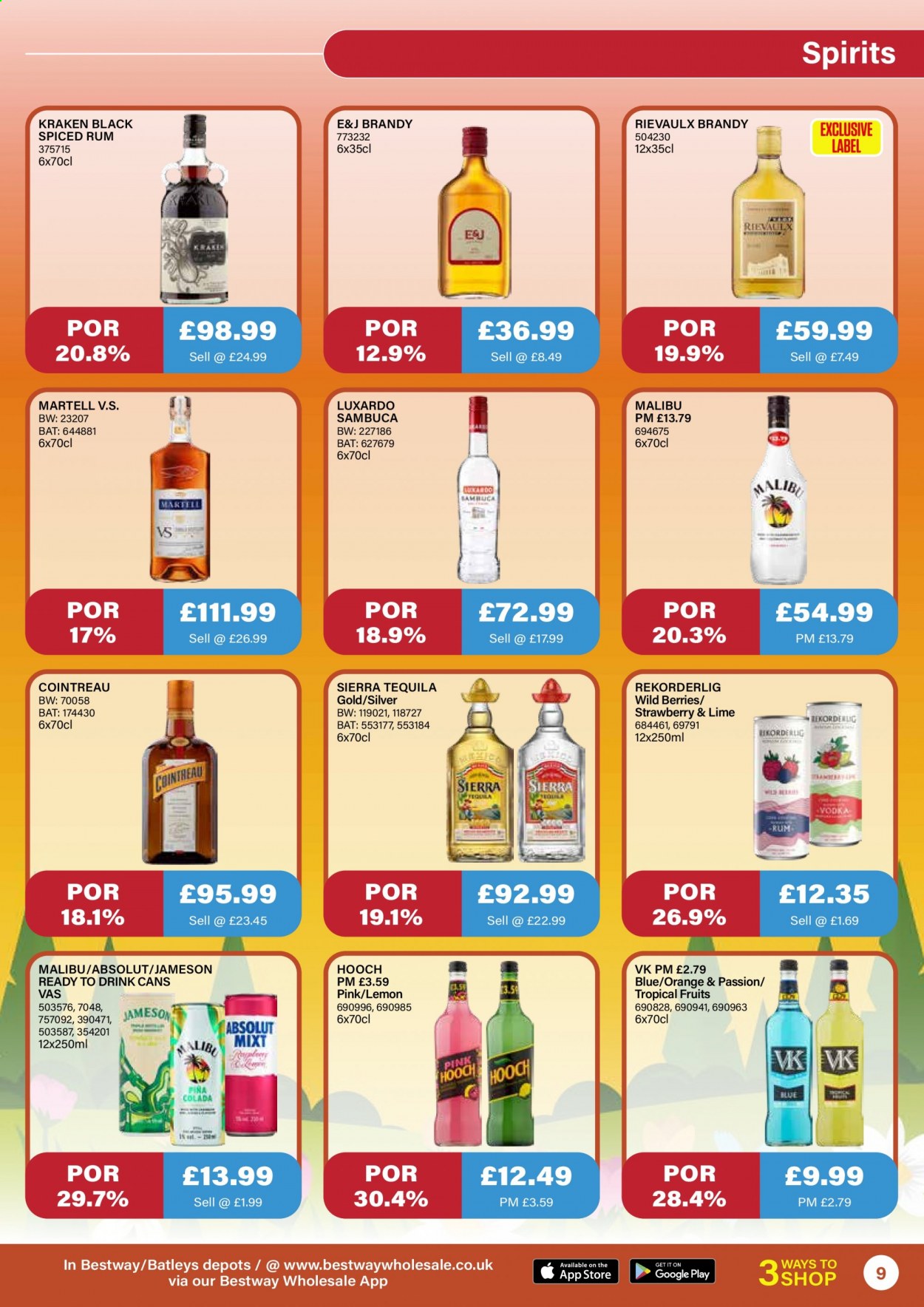 thumbnail - Bestway offer  - 23/04/2021 - 20/05/2021 - Sales products - oranges, brandy, spiced rum, tequila, vodka, Jameson, Absolut, rum, Cointreau, Malibu. Page 9.