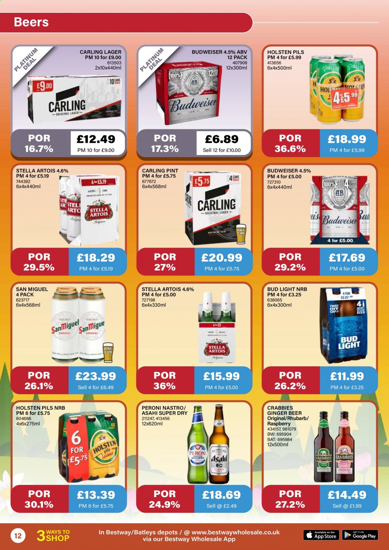 thumbnail - Bestway offer  - 23/04/2021 - 20/05/2021 - Sales products - Budweiser, Stella Artois, Bud Light, ginger beer, beer, Peroni, Carling, San Miguel, Holsten, Lager. Page 12.