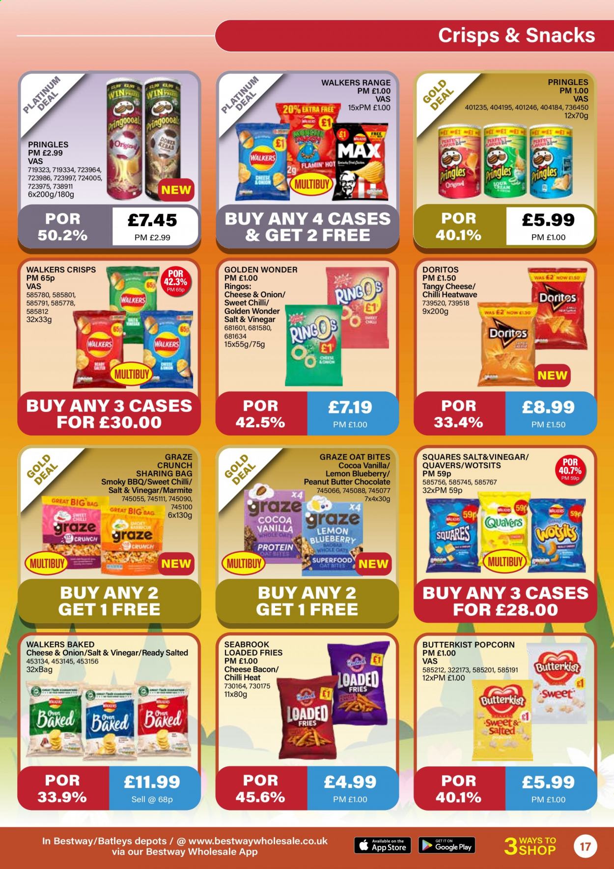 thumbnail - Bestway offer  - 23/04/2021 - 20/05/2021 - Sales products - bacon, potato fries, chocolate, snack, Doritos, Pringles, popcorn, cocoa, oat bites, vinegar, peanut butter, Graze. Page 17.