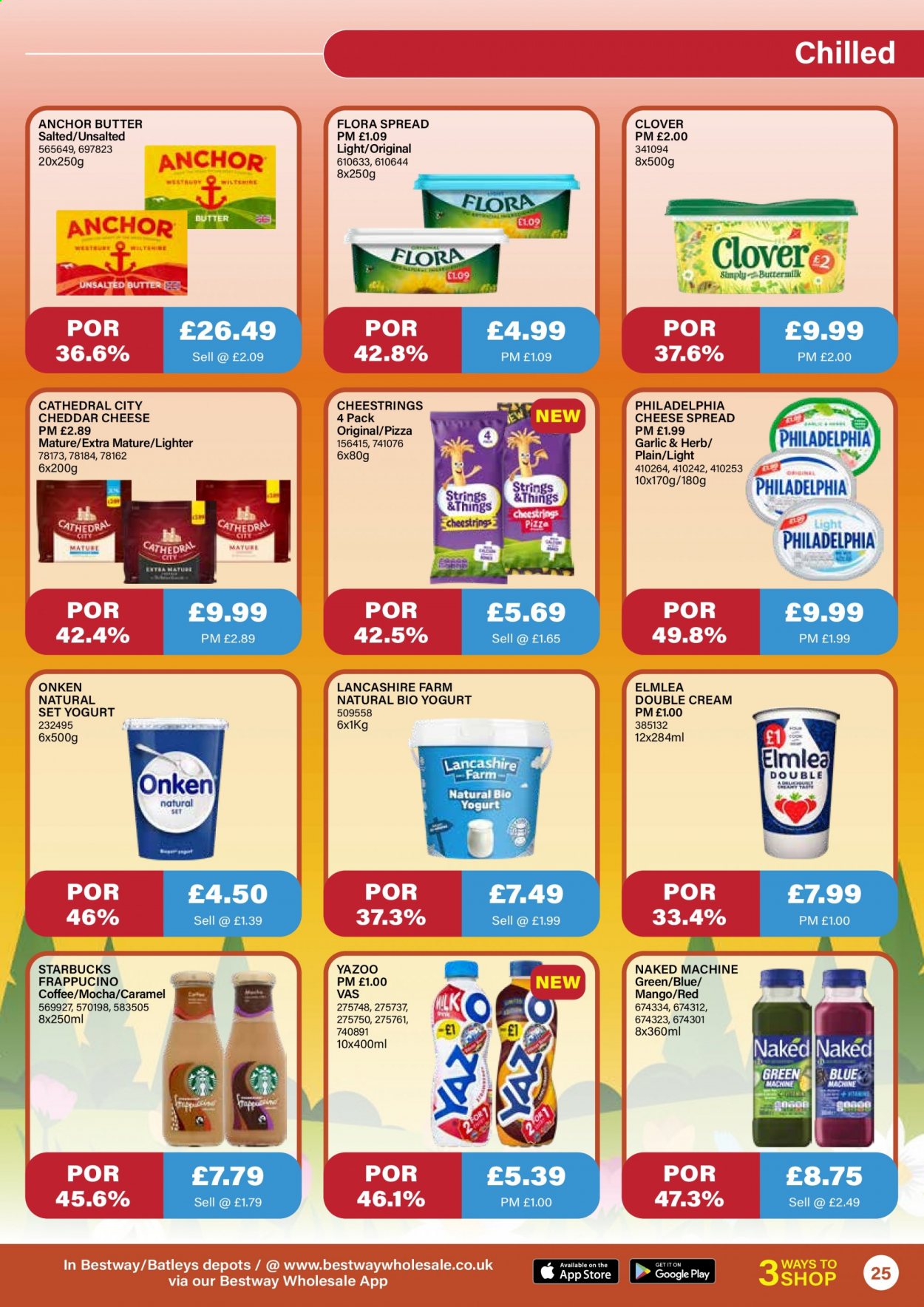 thumbnail - Bestway offer  - 23/04/2021 - 20/05/2021 - Sales products - mango, pizza, cheese spread, Lancashire, string cheese, Philadelphia, cheddar, yoghurt, Clover, butter, Flora, Anchor, caramel, coffee, Starbucks. Page 25.