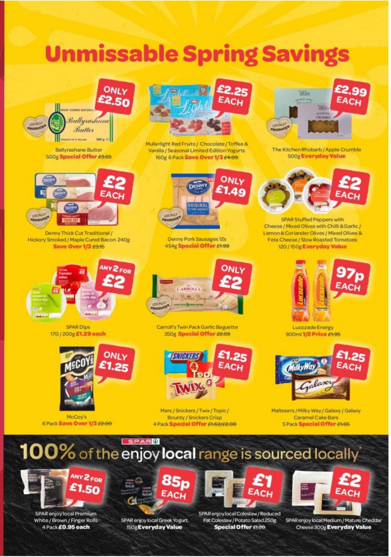 thumbnail - SPAR offer  - 26/04/2021 - 16/05/2021 - Sales products - garlic, rhubarb, tomatoes, onion, salad, peppers, baguette, cake, coleslaw, bacon, sausage, potato salad, feta, cheddar, cheese, greek yoghurt, yoghurt, butter, dip, Twix, Snickers, Milky Way, Maltesers, Mars, chocolate, toffee, Bounty, olives, herbs, coriander, caramel, salsa, Lucozade. Page 3.