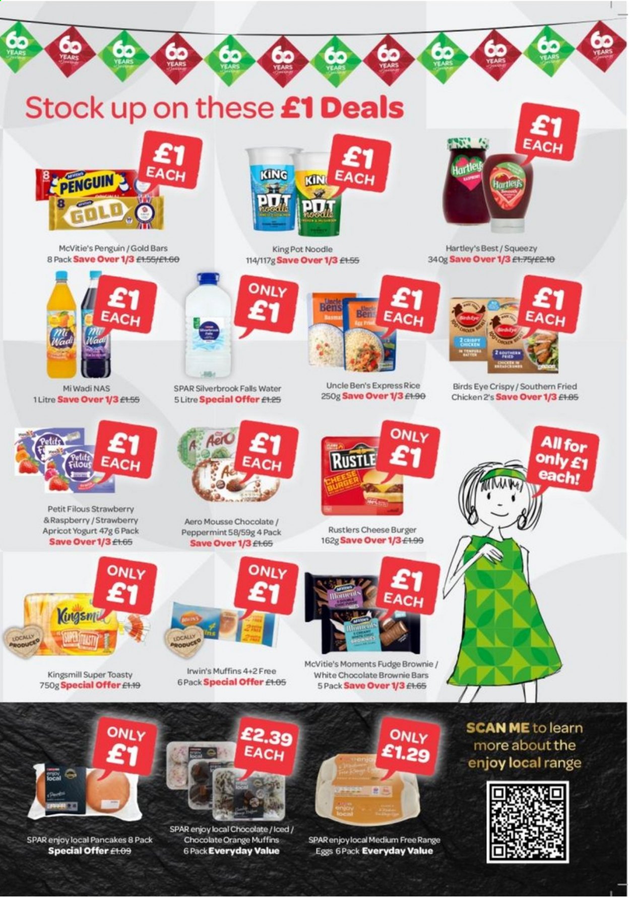 thumbnail - SPAR offer  - 26/04/2021 - 16/05/2021 - Sales products - hamburger, brownies, muffin, noodles, fried chicken, pancakes, Bird's Eye, cheese, Petits Filous, yoghurt, eggs, fudge, chocolate, white chocolate, Uncle Ben's, tea, pot, Moments, penguin. Page 4.
