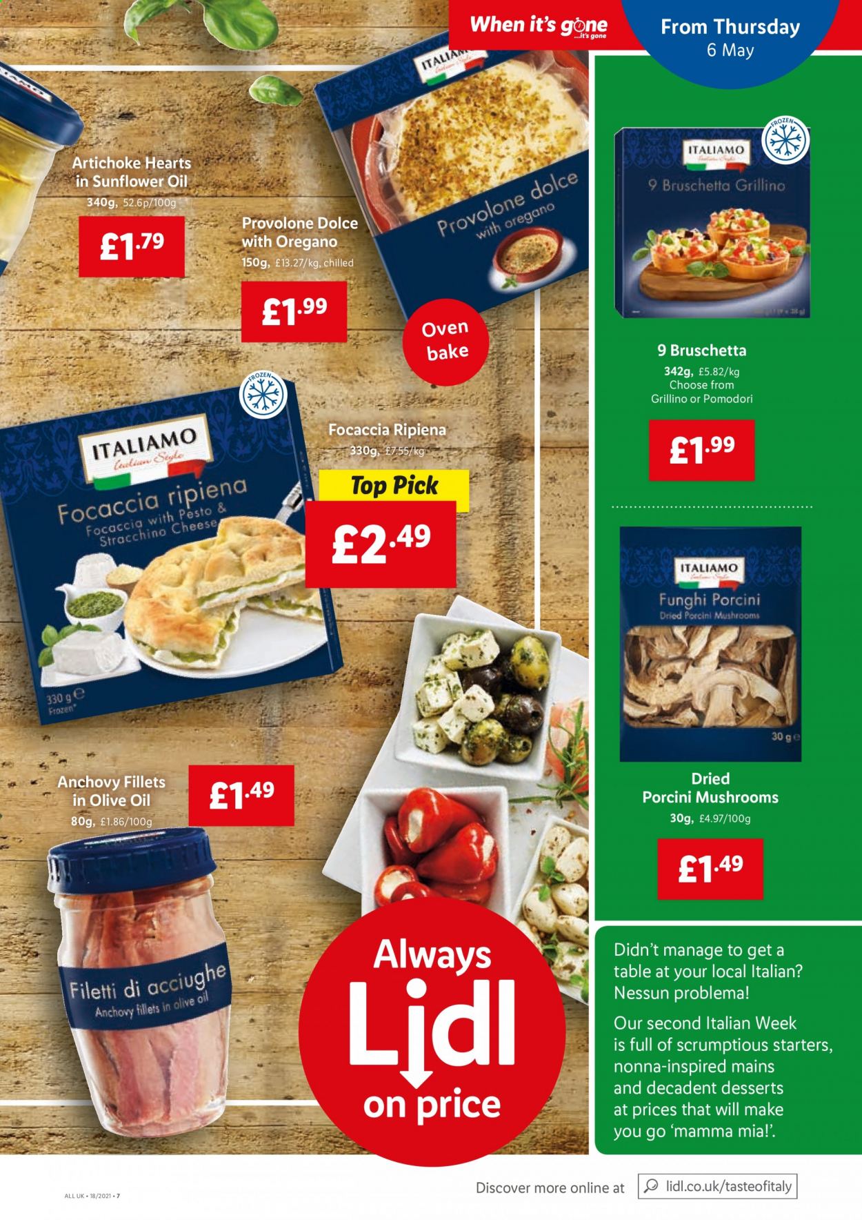 thumbnail - Lidl offer  - 06/05/2021 - 12/05/2021 - Sales products - porcini, mushrooms, artichoke, focaccia, bruschetta, Provolone, anchovies. Page 5.
