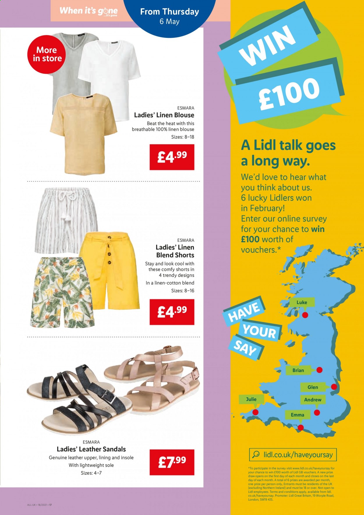 thumbnail - Lidl offer  - 06/05/2021 - 12/05/2021 - Sales products - sandals, Esmara, shorts, blouse. Page 15.