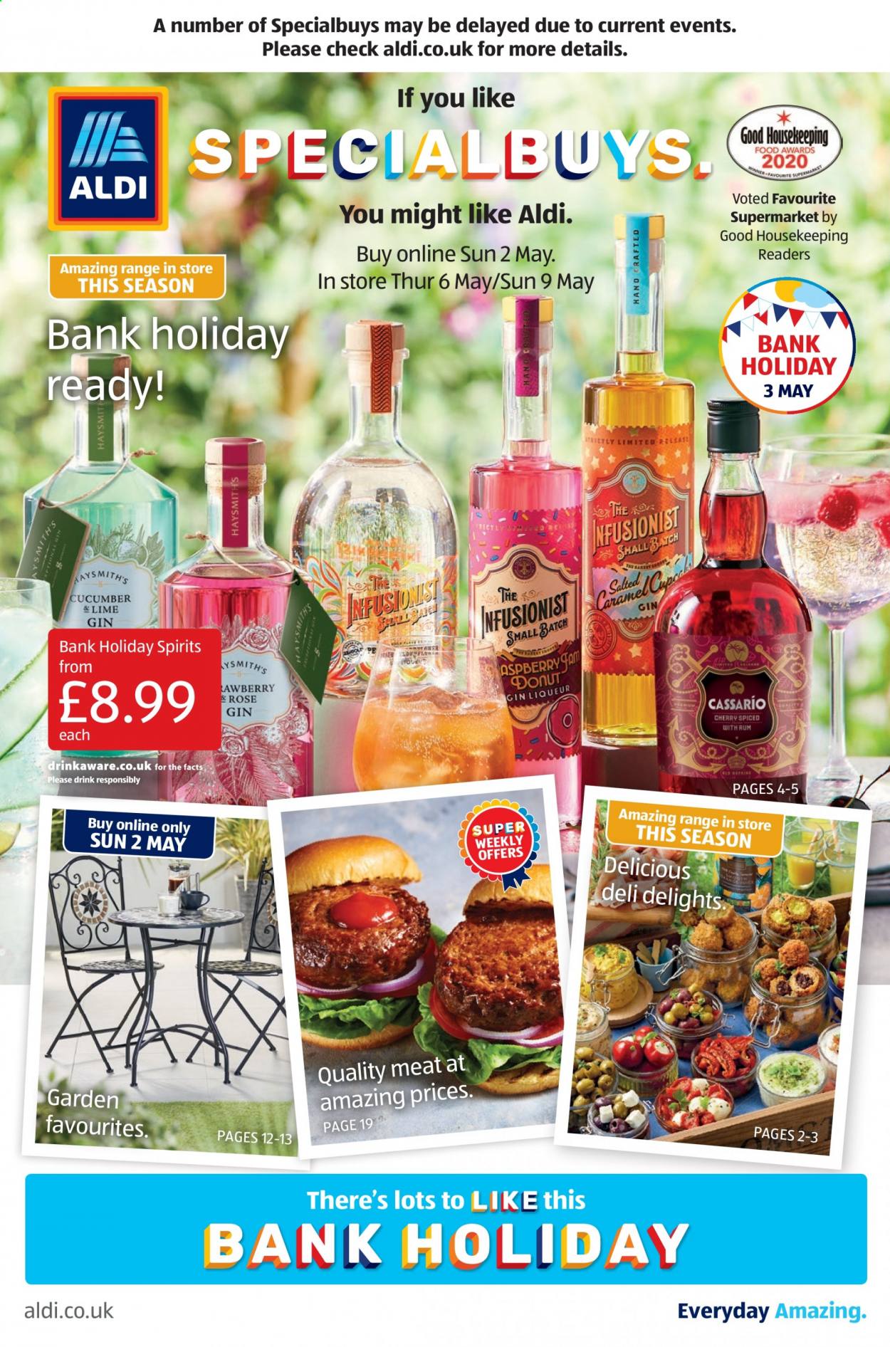 thumbnail - Aldi offer  - 02/05/2021 - 09/05/2021 - Sales products - cherries, donut, wine, rosé wine, gin, rum, rose. Page 1.