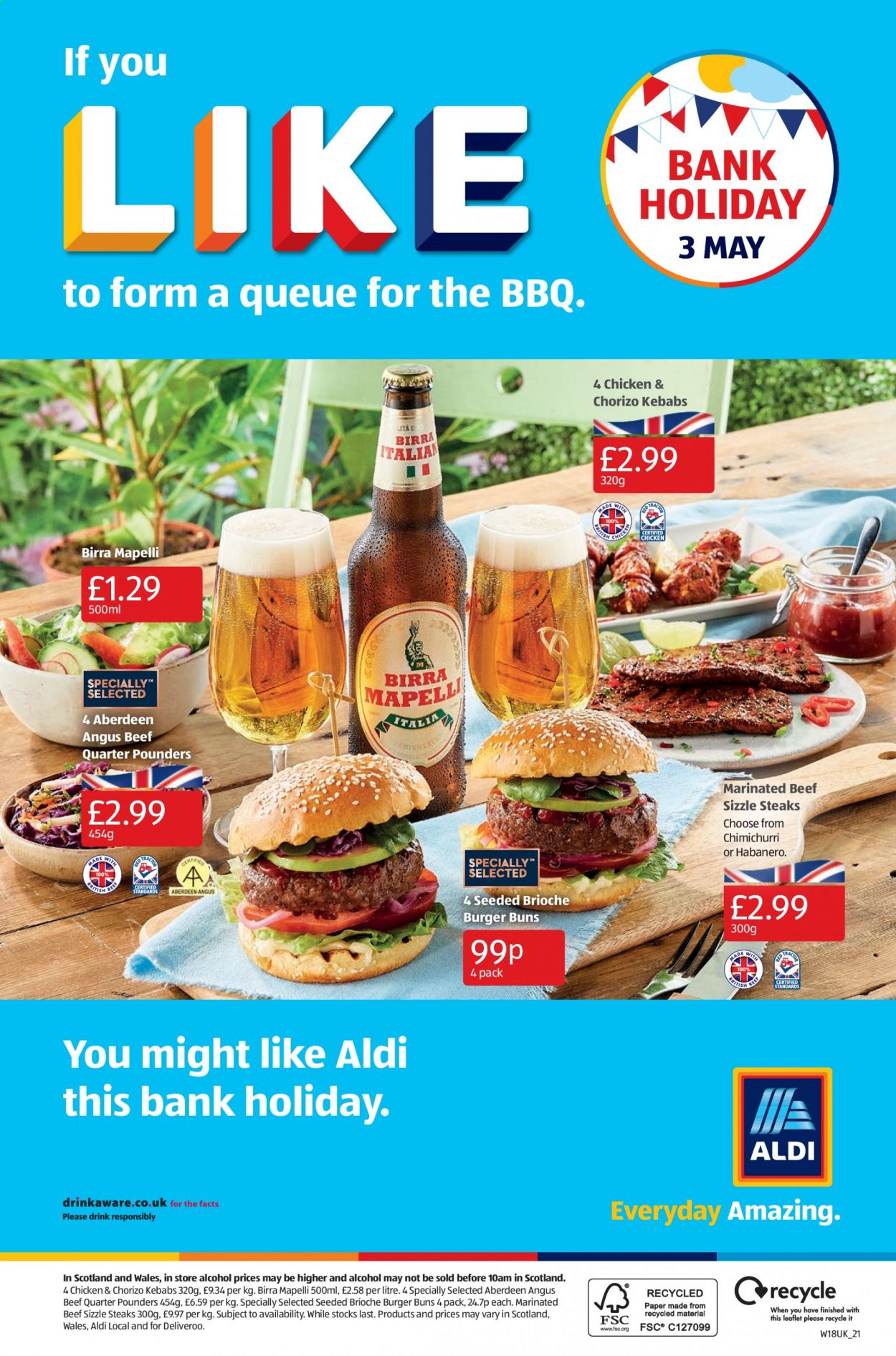 thumbnail - Aldi offer  - 02/05/2021 - 09/05/2021 - Sales products - alcohol, beef meat, steak, marinated beef, buns, burger buns, brioche. Page 20.