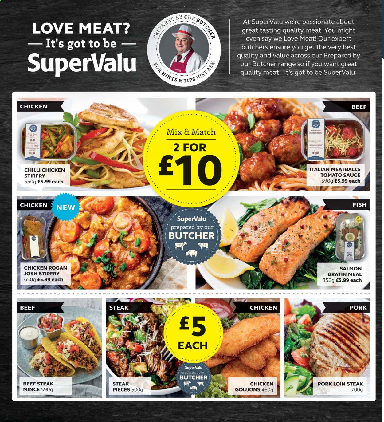 thumbnail - SuperValu offer  - 03/05/2021 - 22/05/2021 - Sales products - beef meat, beef steak, steak, pork loin, pork meat, salmon, fish, meatballs, sauce, tomato sauce. Page 2.