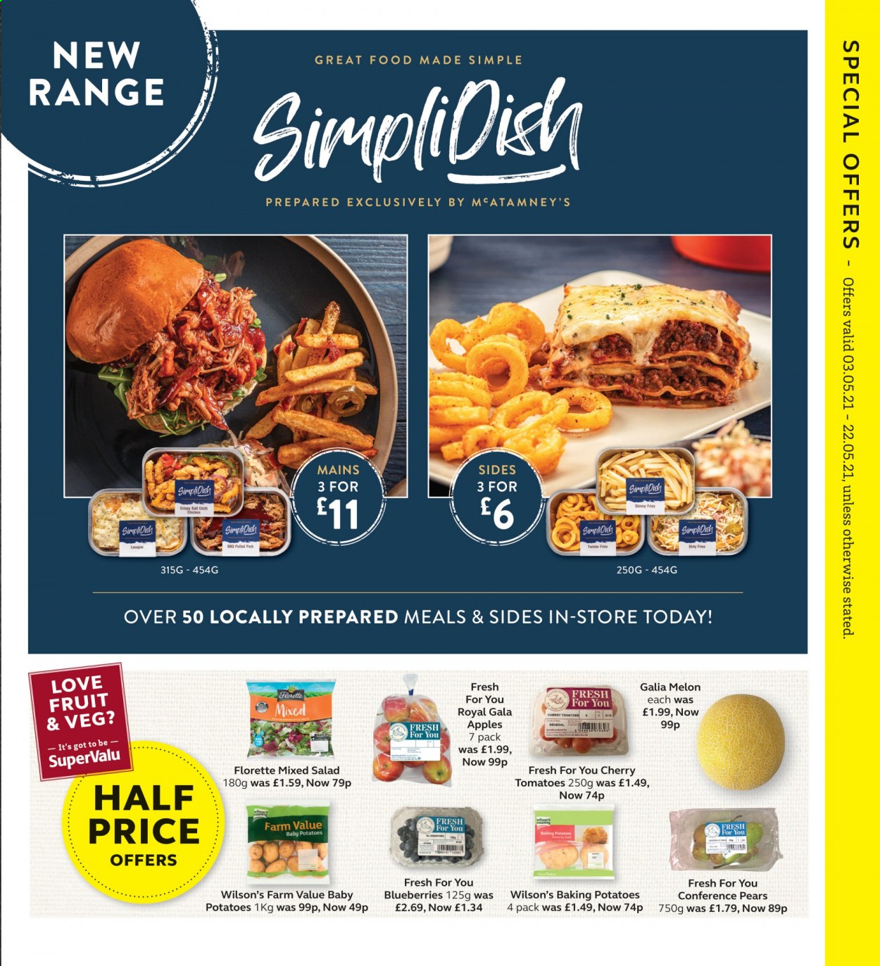 thumbnail - SuperValu offer  - 03/05/2021 - 22/05/2021 - Sales products - tomatoes, potatoes, salad, blueberries, Gala, cherries, pears, melons, apples, pork meat, pulled pork, potato fries, salt. Page 3.