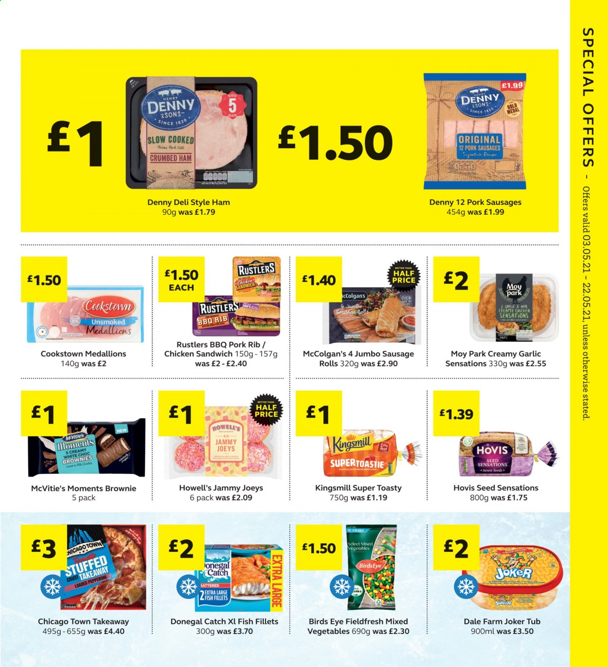 thumbnail - SuperValu offer  - 03/05/2021 - 22/05/2021 - Sales products - sausage rolls, brownies, fish fillets, fish, sandwich, Bird's Eye, ham, sausage, pepperoni, mixed vegetables, Donegal Catch, Moments, plant seeds. Page 5.