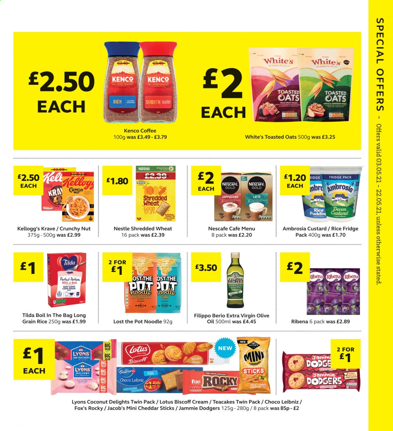 thumbnail - SuperValu offer  - 03/05/2021 - 22/05/2021 - Sales products - coconut, cake, chicken roast, noodles, cheddar, custard, pudding, milk, marshmallows, Nestlé, Kellogg's, toasted oats, rice, long grain rice, cinnamon, extra virgin olive oil, olive oil, oil, fruit jam, tea, Lyons, cappuccino, coffee, Nescafé, Lotus, pot. Page 7.