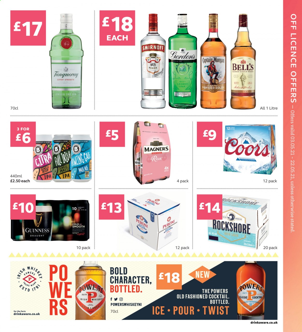 thumbnail - SuperValu offer  - 03/05/2021 - 22/05/2021 - Sales products - Coors, beer, Guinness, Peroni, IPA, Rockshore, malt, wine, rosé wine, Captain Morgan, gin, Smirnoff, vodka, whiskey, Gordon's, whisky, cider, rose. Page 11.