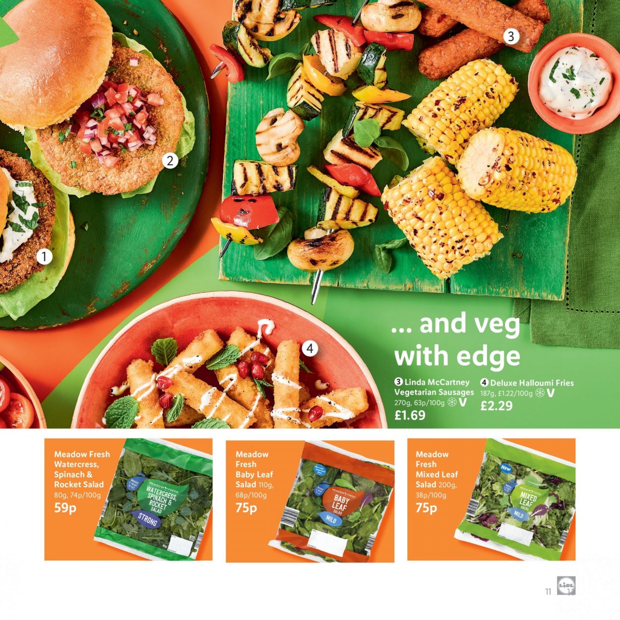 thumbnail - Lidl offer  - Sales products - rocket, salad, sausage, halloumi, potato fries, watercress. Page 11.
