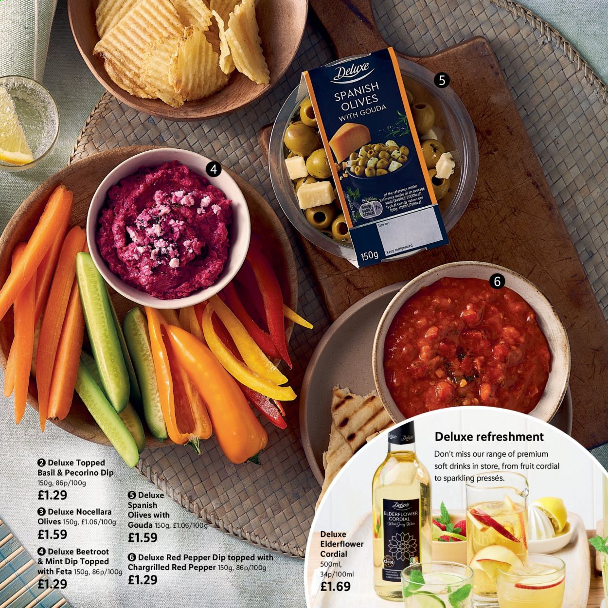 thumbnail - Lidl offer  - Sales products - beetroot, feta, gouda, Pecorino, dip, olives, esponja, soft drink. Page 13.