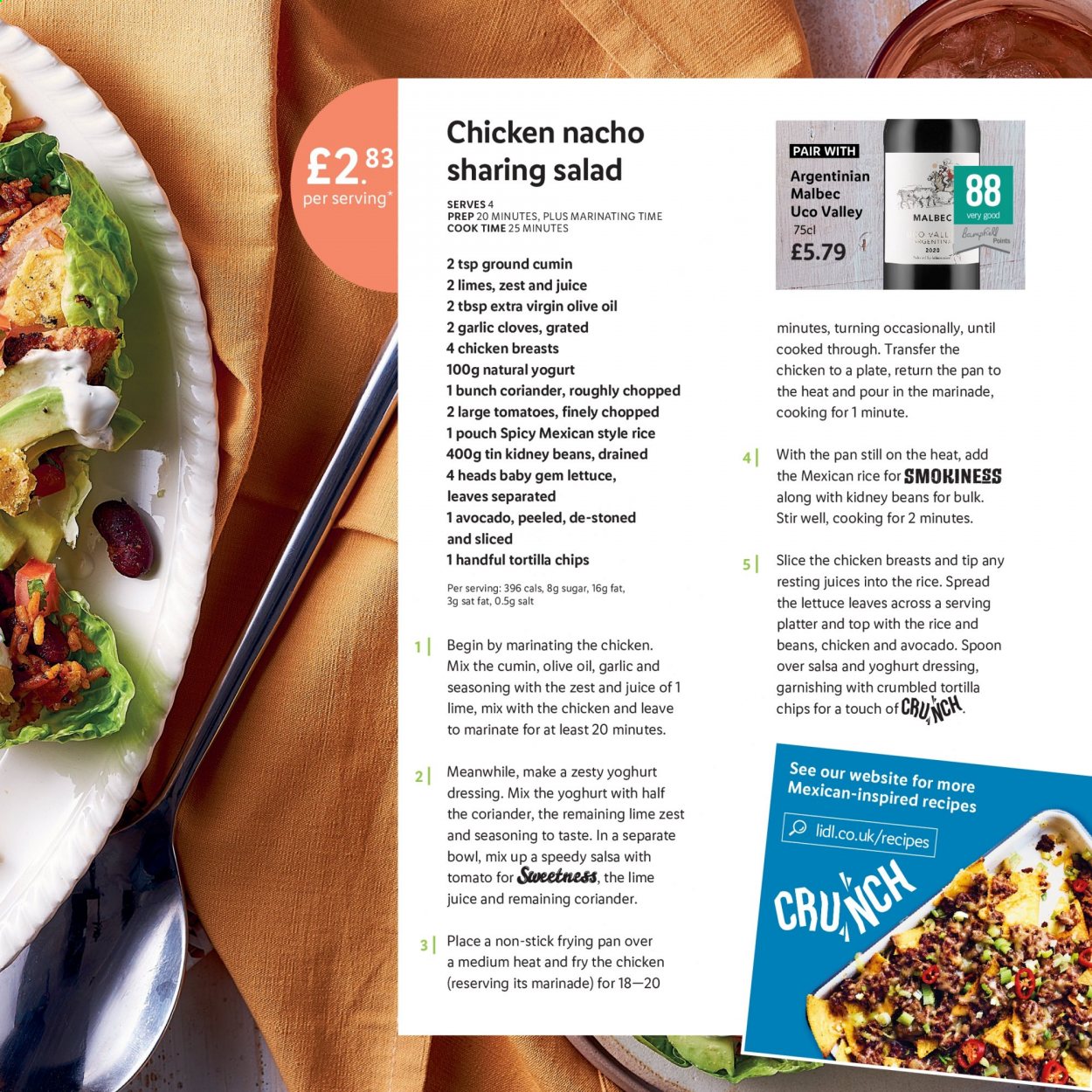 thumbnail - Lidl offer  - Sales products - garlic, chicken breasts, yoghurt, tortilla chips, chips, sugar, salt, kidney beans, rice, cloves, spice, cumin, coriander, dressing, salsa, marinade, extra virgin olive oil, olive oil, red wine, wine, spoon, pan, bowl. Page 21.