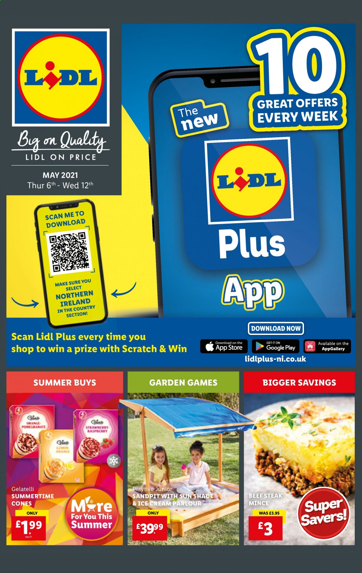 thumbnail - Lidl offer  - 06/05/2021 - 12/05/2021 - Sales products - pomegranate, oranges, beef meat, beef steak, steak, ice cream, sandpit. Page 1.