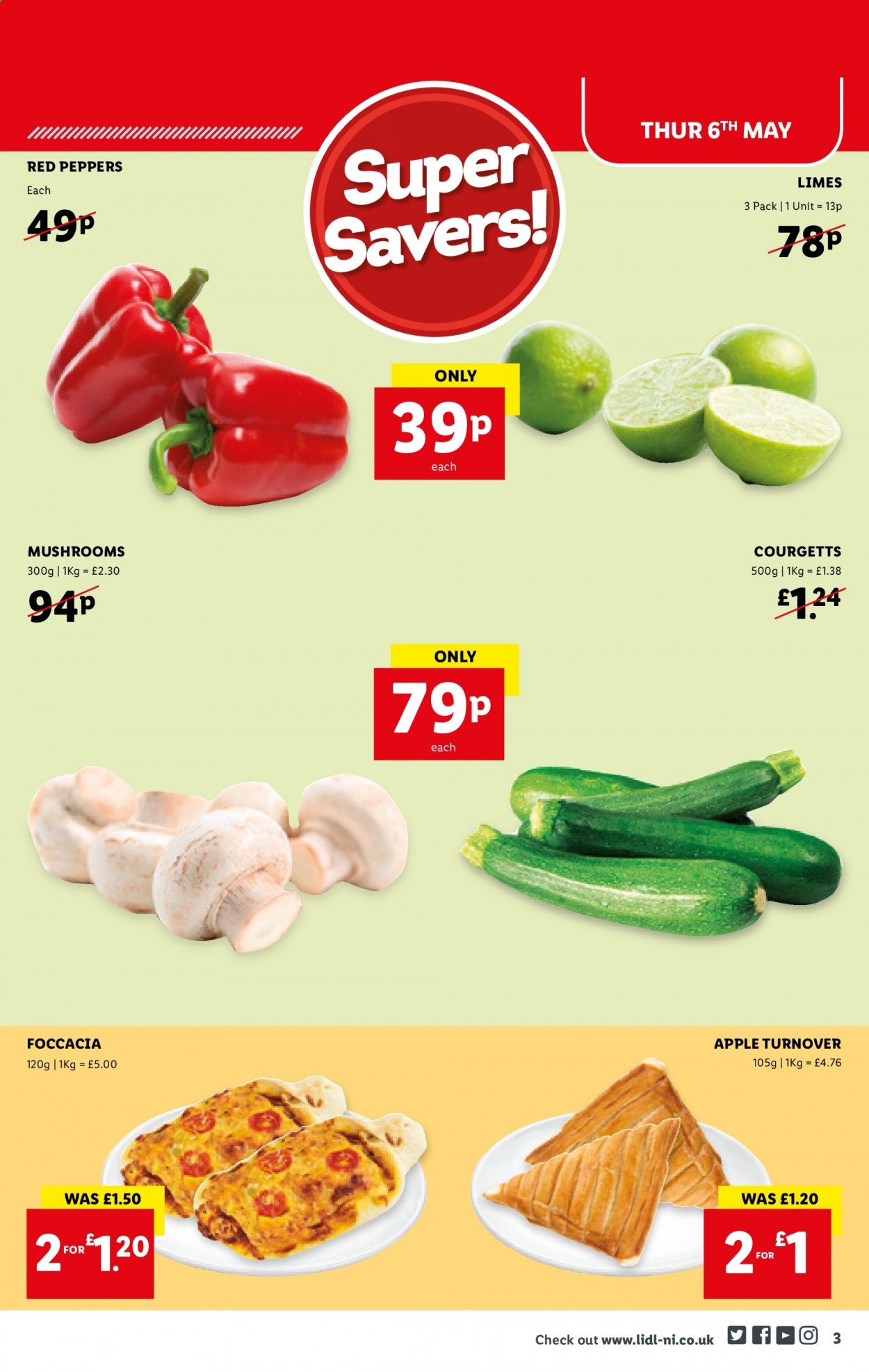 thumbnail - Lidl offer  - 06/05/2021 - 12/05/2021 - Sales products - mushrooms, peppers, red peppers, limes. Page 3.