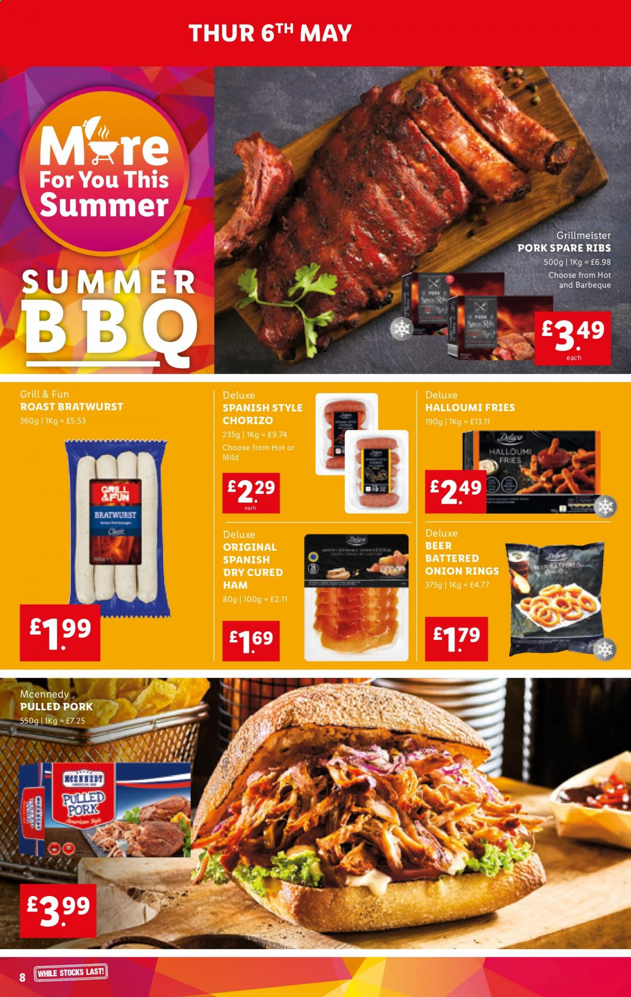 thumbnail - Lidl offer  - 06/05/2021 - 12/05/2021 - Sales products - beer, pork meat, pork ribs, pork spare ribs, onion rings, pulled pork, chorizo, bratwurst, halloumi, potato fries, grill. Page 8.
