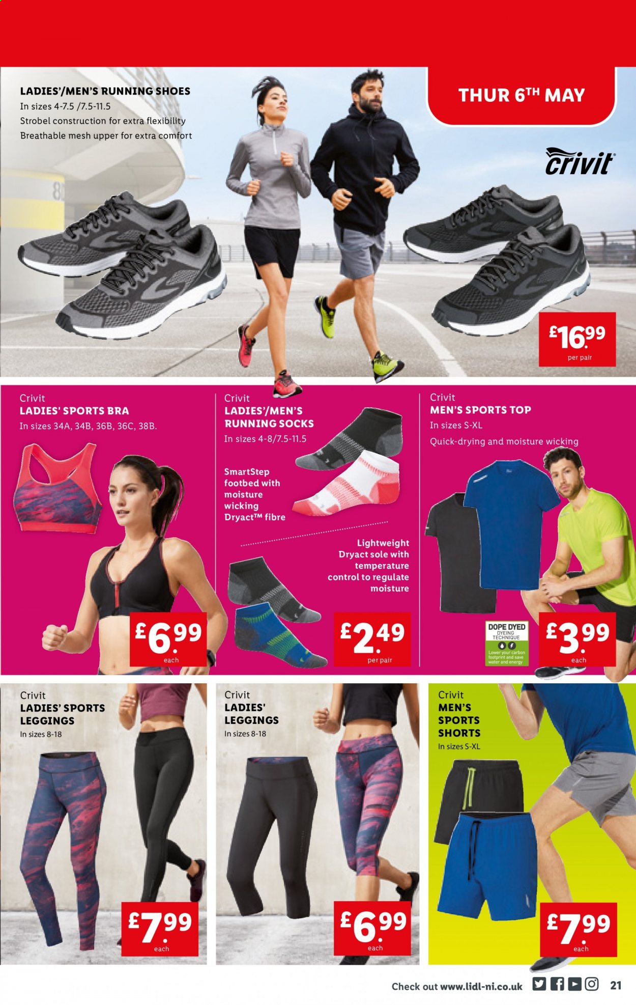 thumbnail - Lidl offer  - 06/05/2021 - 12/05/2021 - Sales products - shoes, Crivit, shorts, bra, sports top, leggings, socks, running shoes. Page 21.
