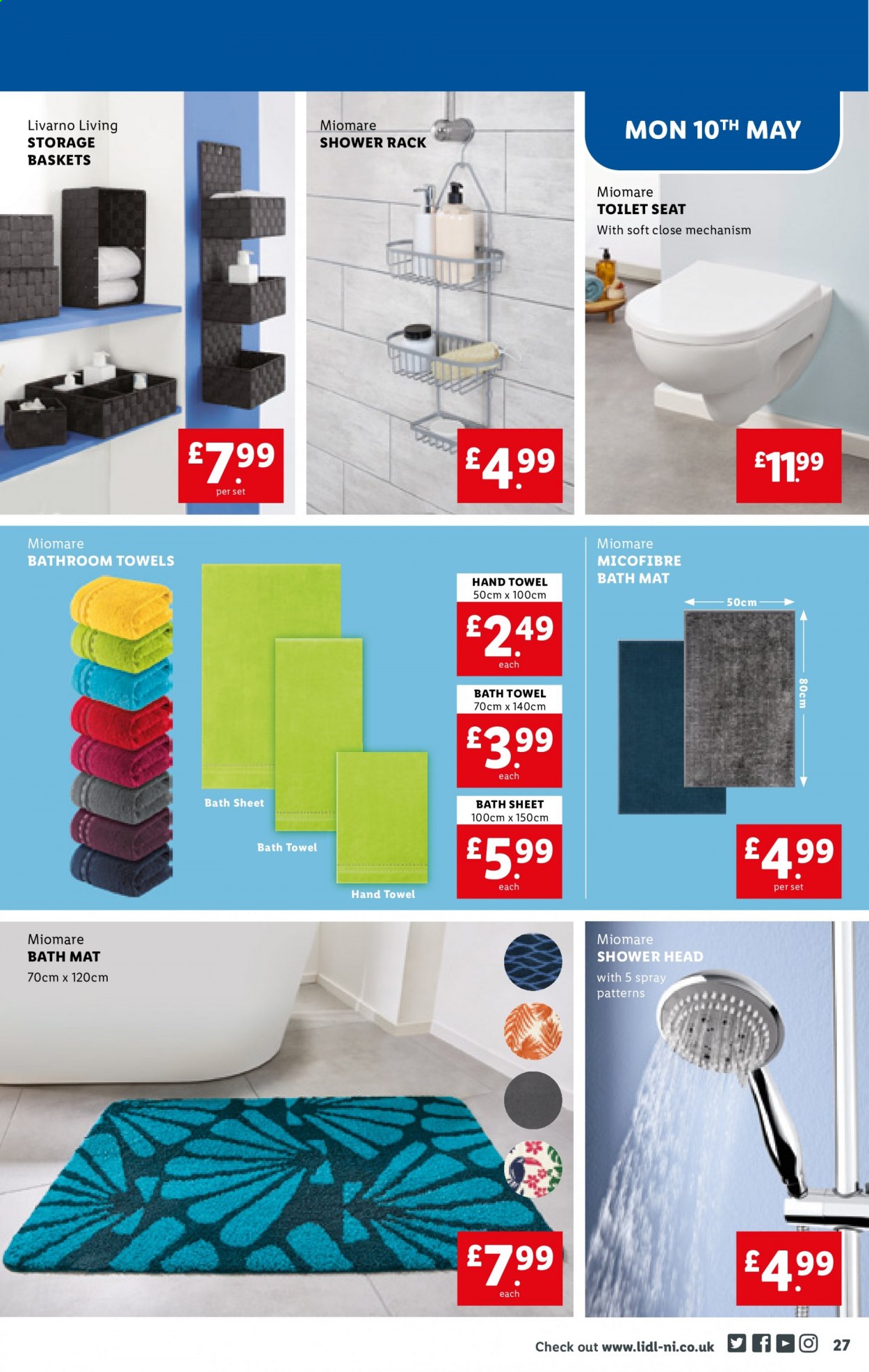 thumbnail - Lidl offer  - 06/05/2021 - 12/05/2021 - Sales products - Miomare, basket, bath mat, bath towel, towel, hand towel, showerhead. Page 27.