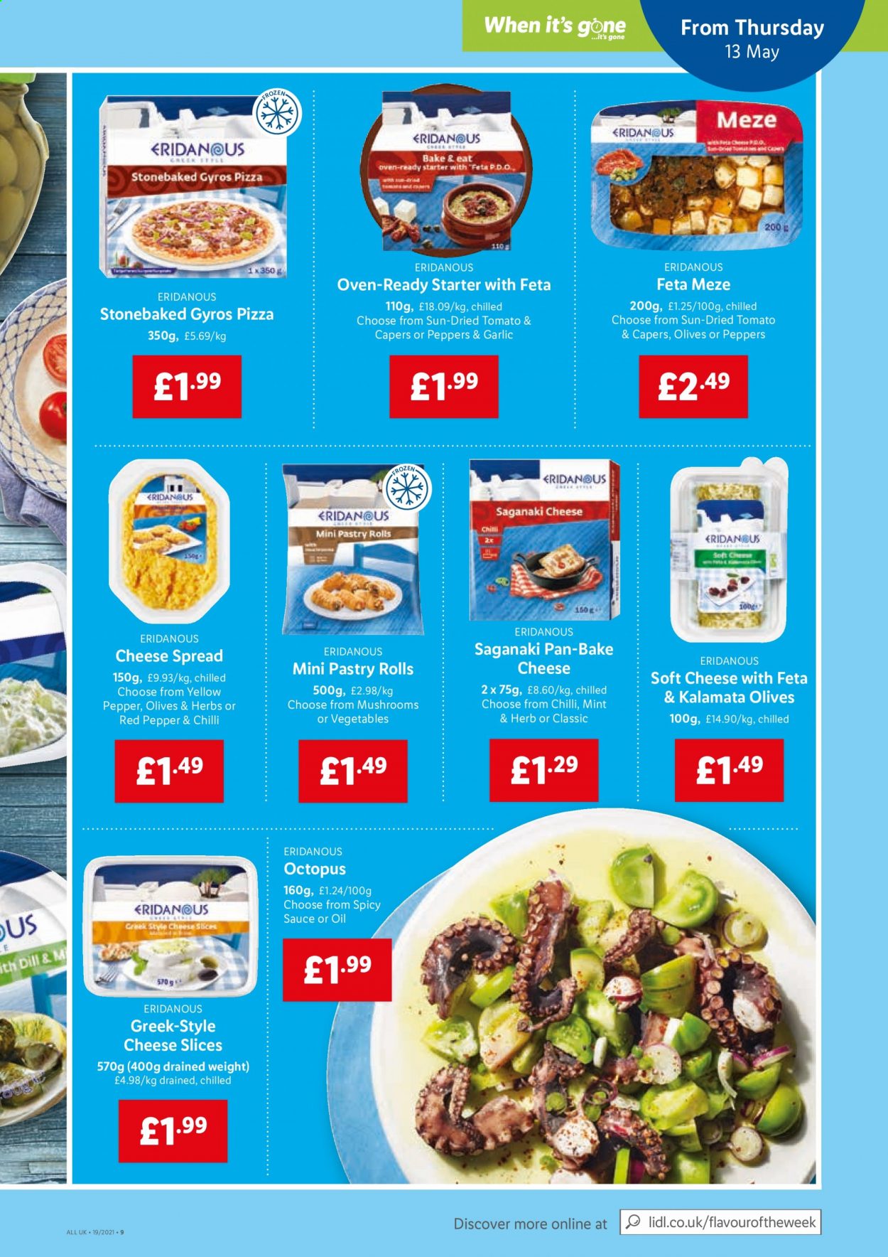 thumbnail - Lidl offer  - 13/05/2021 - 19/05/2021 - Sales products - peppers, octopus, pizza, cheese spread, feta, sliced cheese, soft cheese, capers, olives, dill, pan. Page 7.