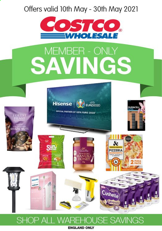 thumbnail - Costco offer  - 10/05/2021 - 30/05/2021 - Sales products - pizza, chocolate, Manuka Honey, brazil nuts, Cushelle, Duracell, Hisense. Page 1.