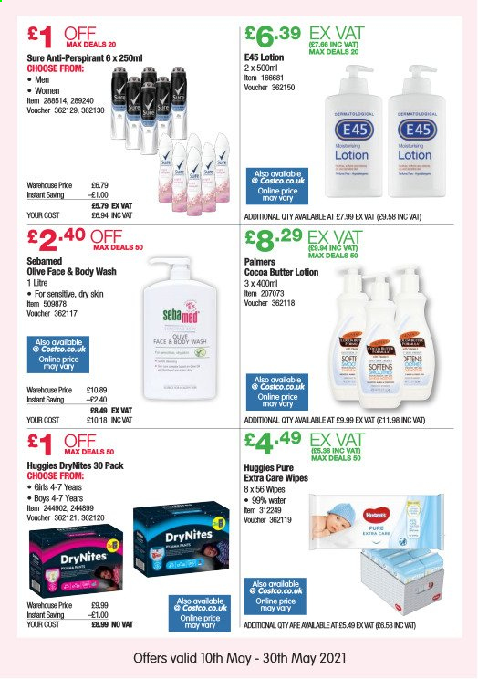 thumbnail - Costco offer  - 10/05/2021 - 30/05/2021 - Sales products - wipes, Huggies, DryNites, Sebamed, body wash, E45, body lotion, anti-perspirant, Sure. Page 14.