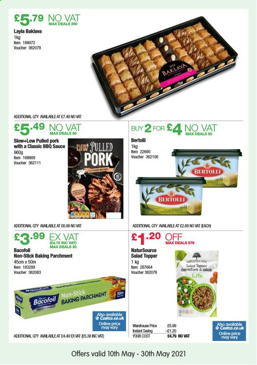 thumbnail - Costco offer  - 10/05/2021 - 30/05/2021 - Sales products - topper, salad, pork meat, sauce, pulled pork, Bertolli, BBQ sauce. Page 19.