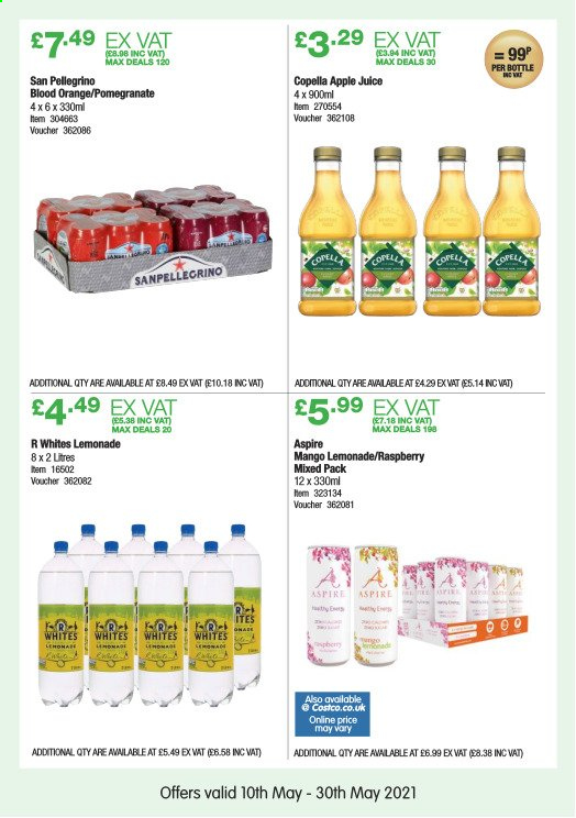 thumbnail - Costco offer  - 10/05/2021 - 30/05/2021 - Sales products - mango, pomegranate, apple juice, lemonade, juice, San Pellegrino. Page 21.