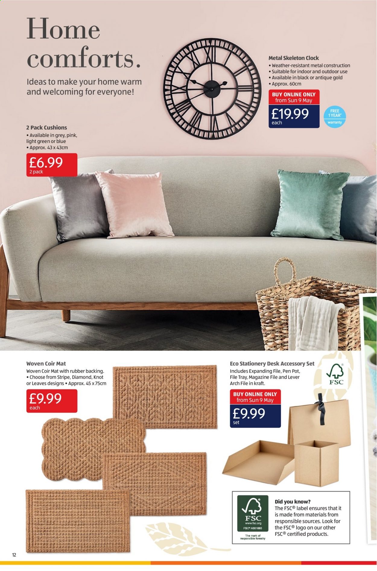 thumbnail - Aldi offer  - 09/05/2021 - 16/05/2021 - Sales products - Kraft®, clock, tray, pot, pen, lever arch, cushion. Page 12.