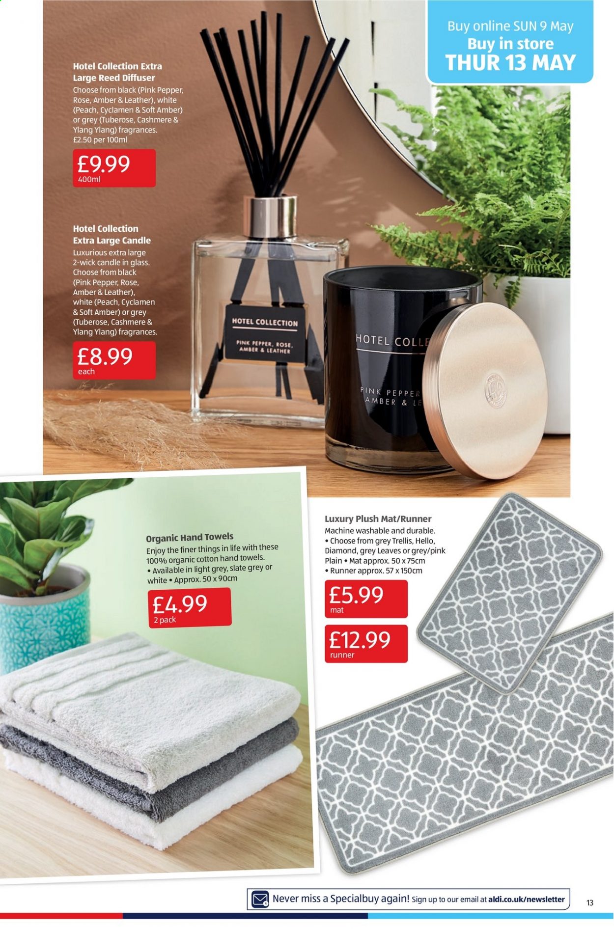thumbnail - Aldi offer  - 09/05/2021 - 16/05/2021 - Sales products - pepper, wine, rosé wine, candle, diffuser, towel, glass candle, rose. Page 13.