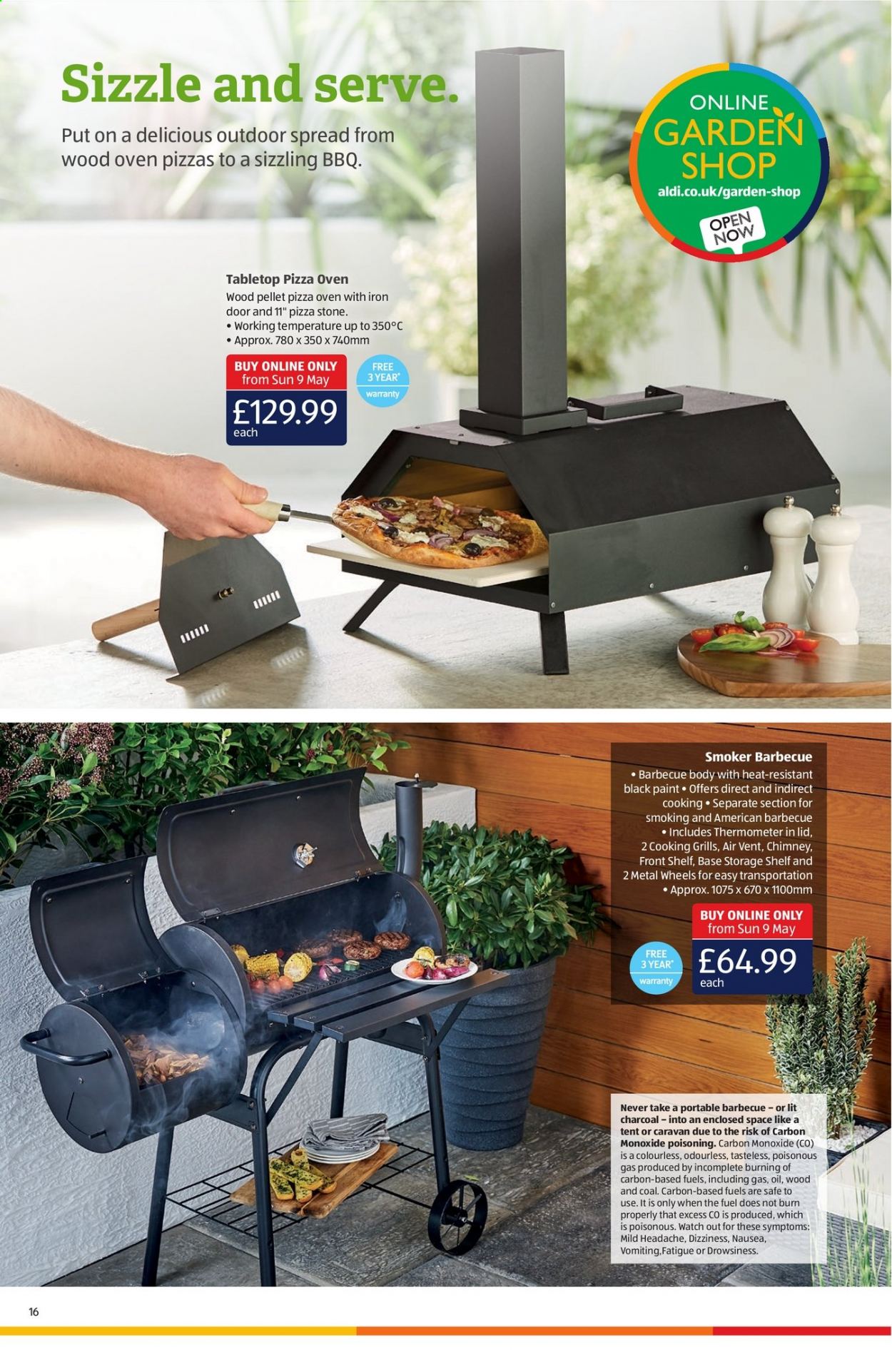thumbnail - Aldi offer  - 09/05/2021 - 16/05/2021 - Sales products - pizza, thermometer, lid, shelves, watch, charcoal. Page 16.