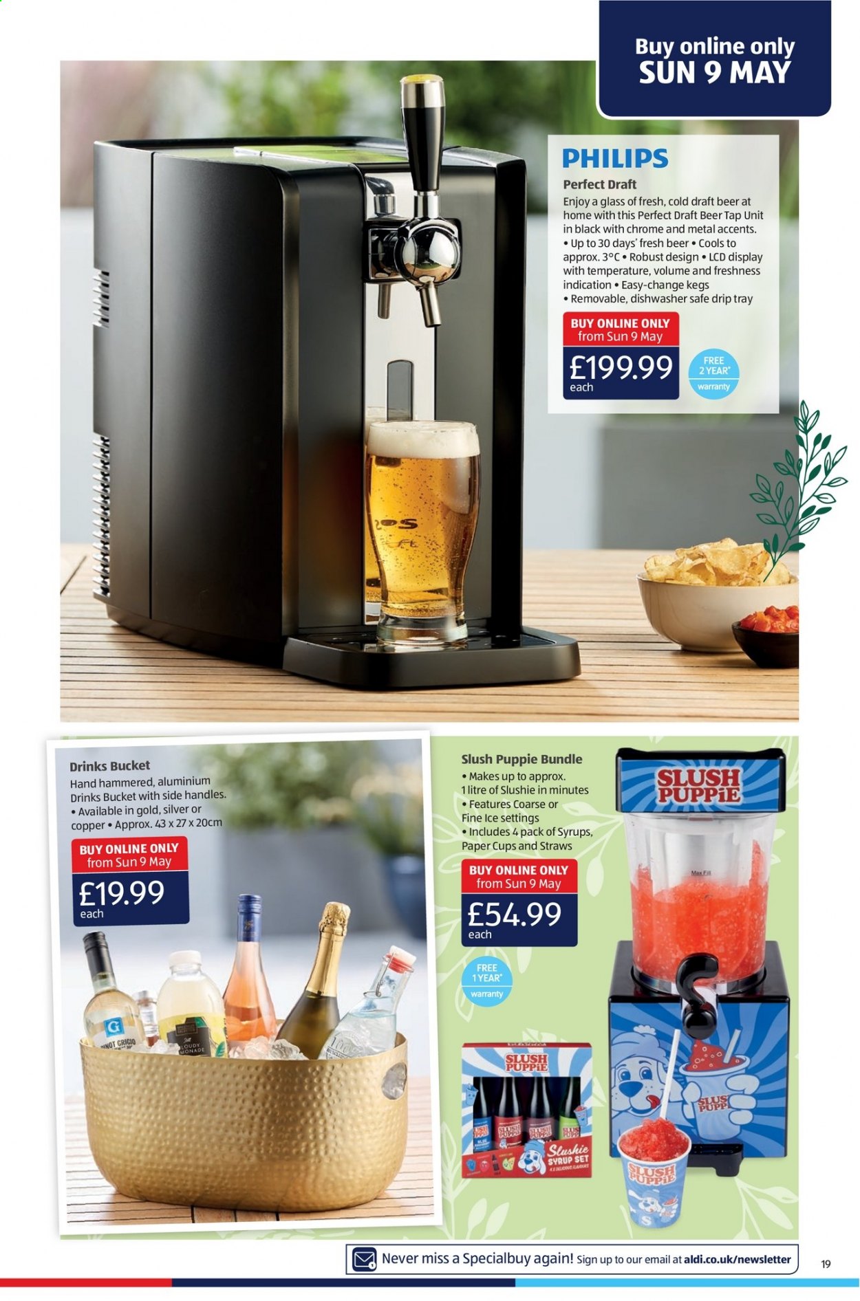 thumbnail - Aldi offer  - 09/05/2021 - 16/05/2021 - Sales products - beer, Philips, syrup, cup, straw, paper. Page 19.