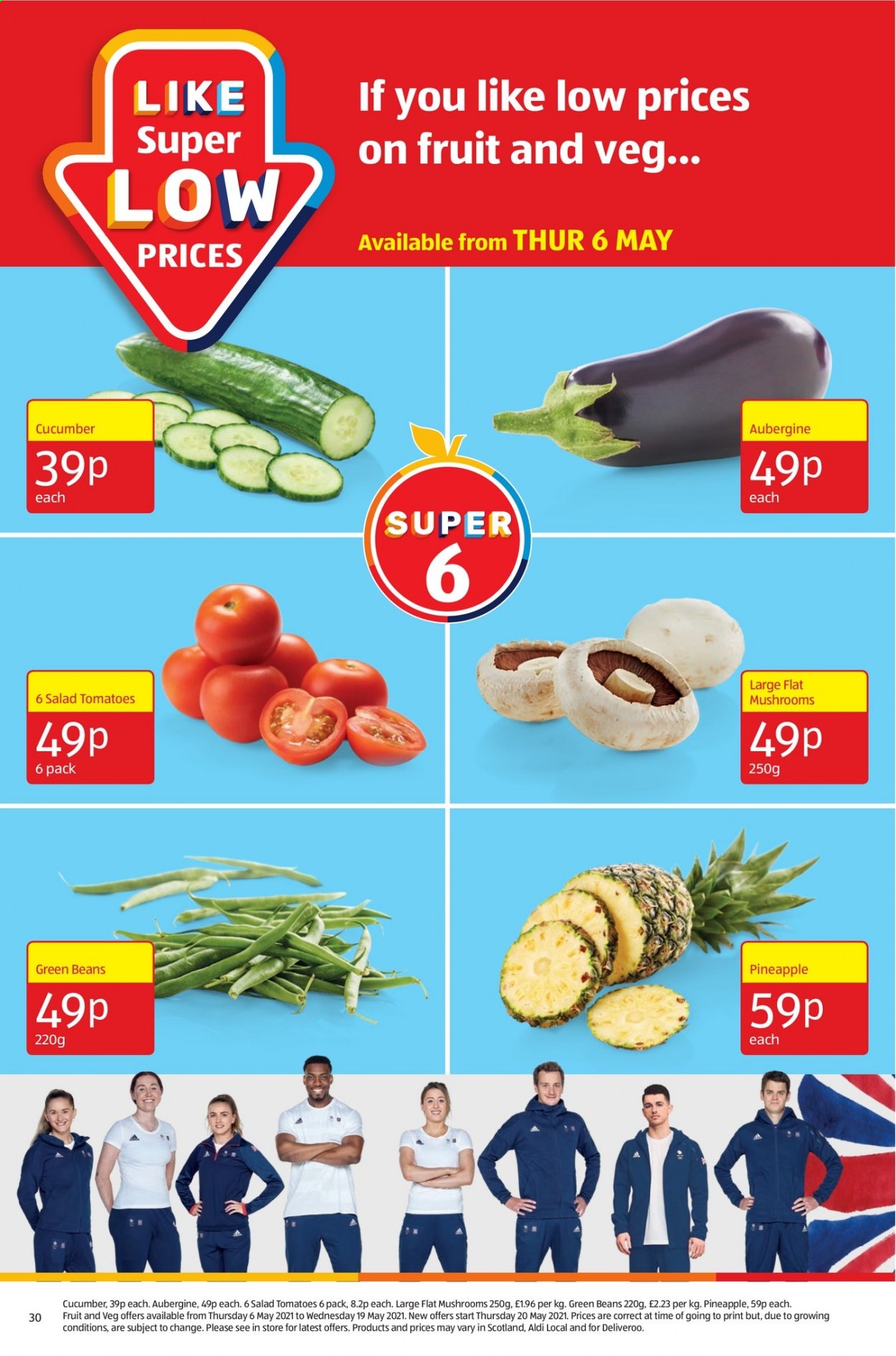 thumbnail - Aldi offer  - 09/05/2021 - 16/05/2021 - Sales products - mushrooms, flat mushrooms, beans, eggplant, green beans, tomatoes, salad, pineapple. Page 30.