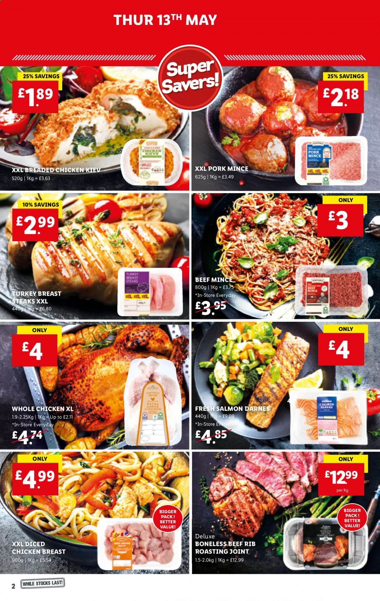 thumbnail - Lidl offer  - 13/05/2021 - 19/05/2021 - Sales products - turkey breast, whole chicken, chicken, turkey, beef meat, ground beef, steak, ground pork, pork meat, salmon, fried chicken, Chicken Kiev. Page 2.