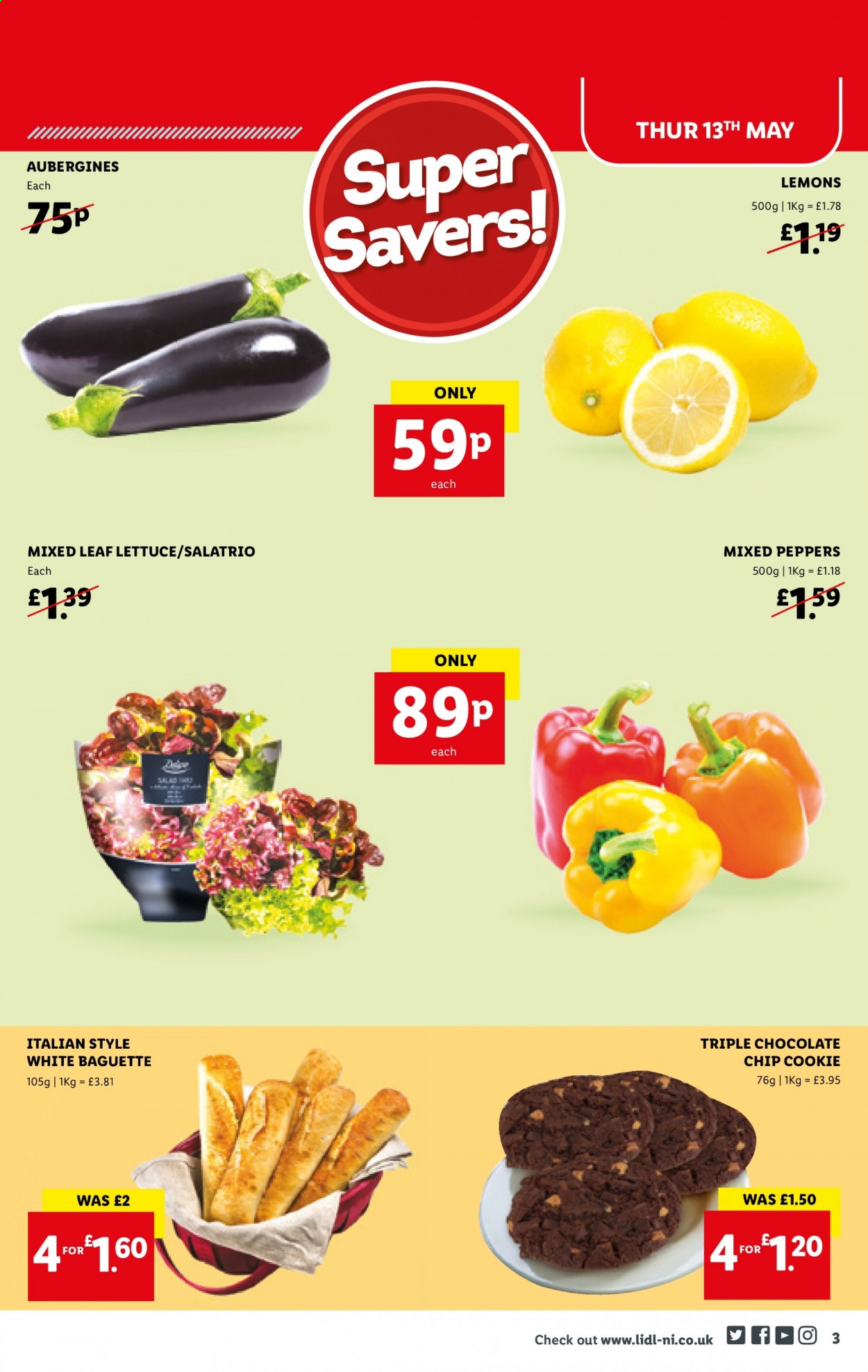 thumbnail - Lidl offer  - 13/05/2021 - 19/05/2021 - Sales products - lettuce, salad, peppers, lemons, baguette, chocolate. Page 3.