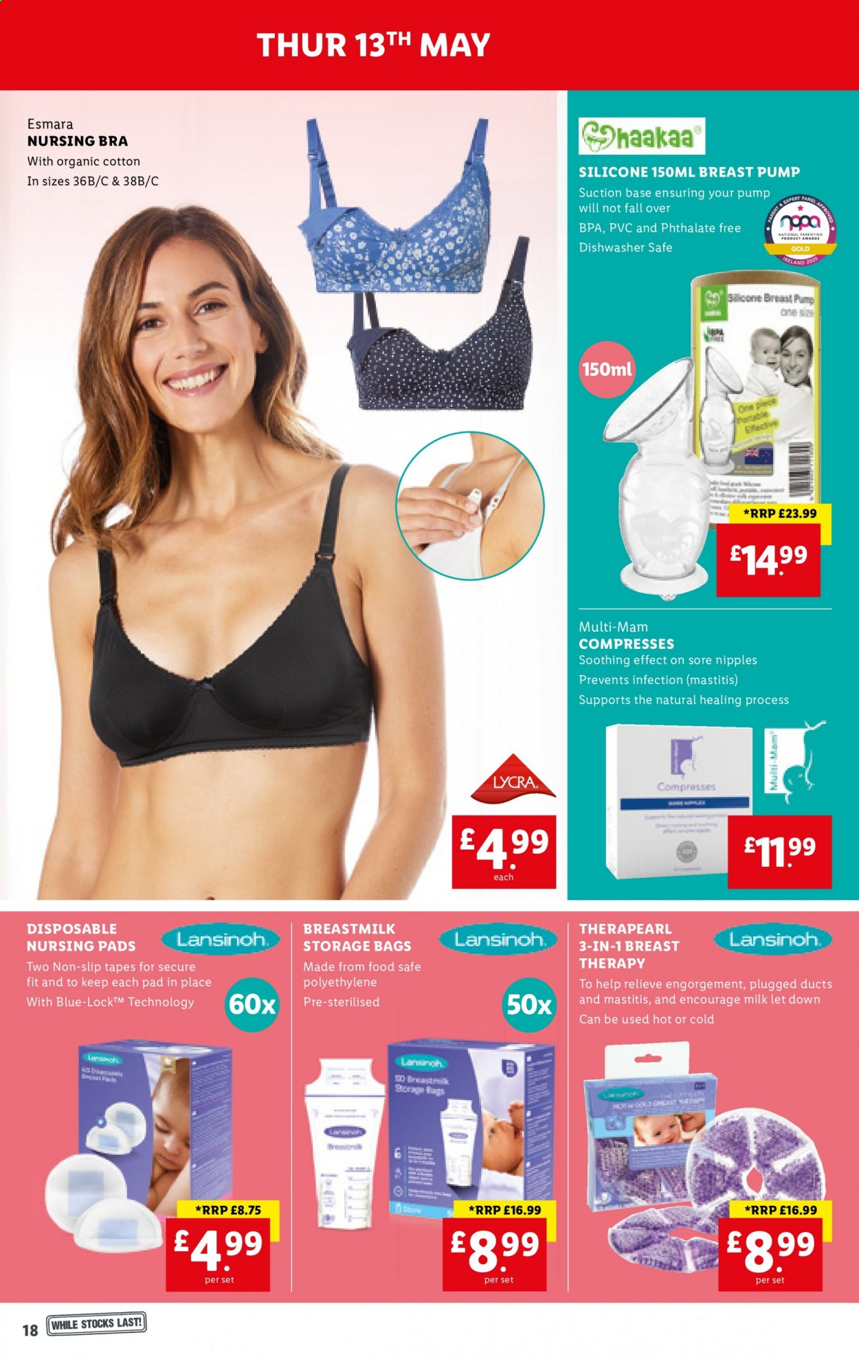 thumbnail - Lidl offer  - 13/05/2021 - 19/05/2021 - Sales products - Esmara, milk, storage bag, breast pump, bra, bag, pump. Page 18.