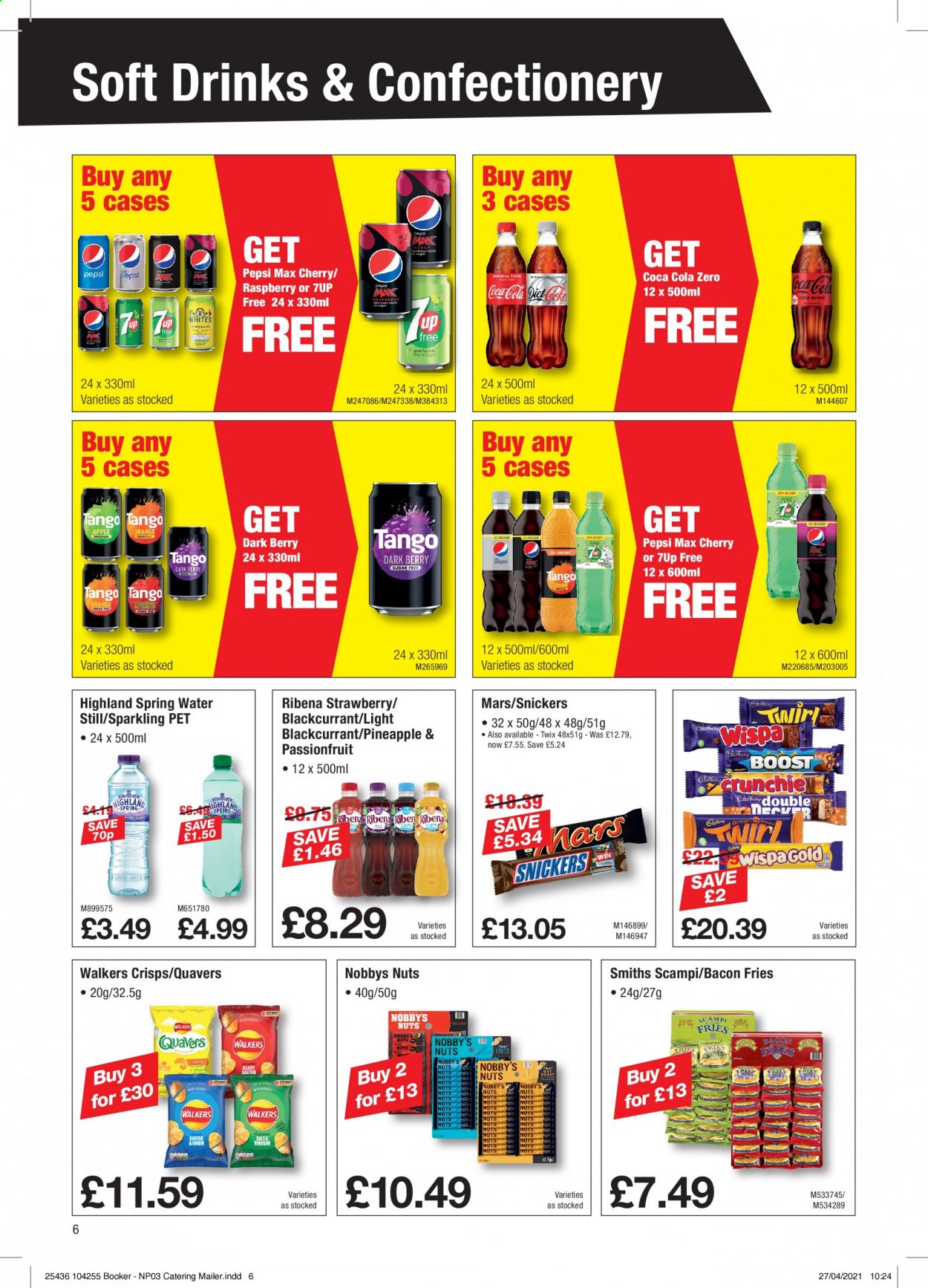 thumbnail - Makro offer  - 11/05/2021 - 01/06/2021 - Sales products - cherries, bacon, potato fries, Snickers, Twix, Mars, Coca-Cola, Pepsi, Pepsi Max, Coca-Cola zero, soft drink, 7UP, spring water. Page 6.