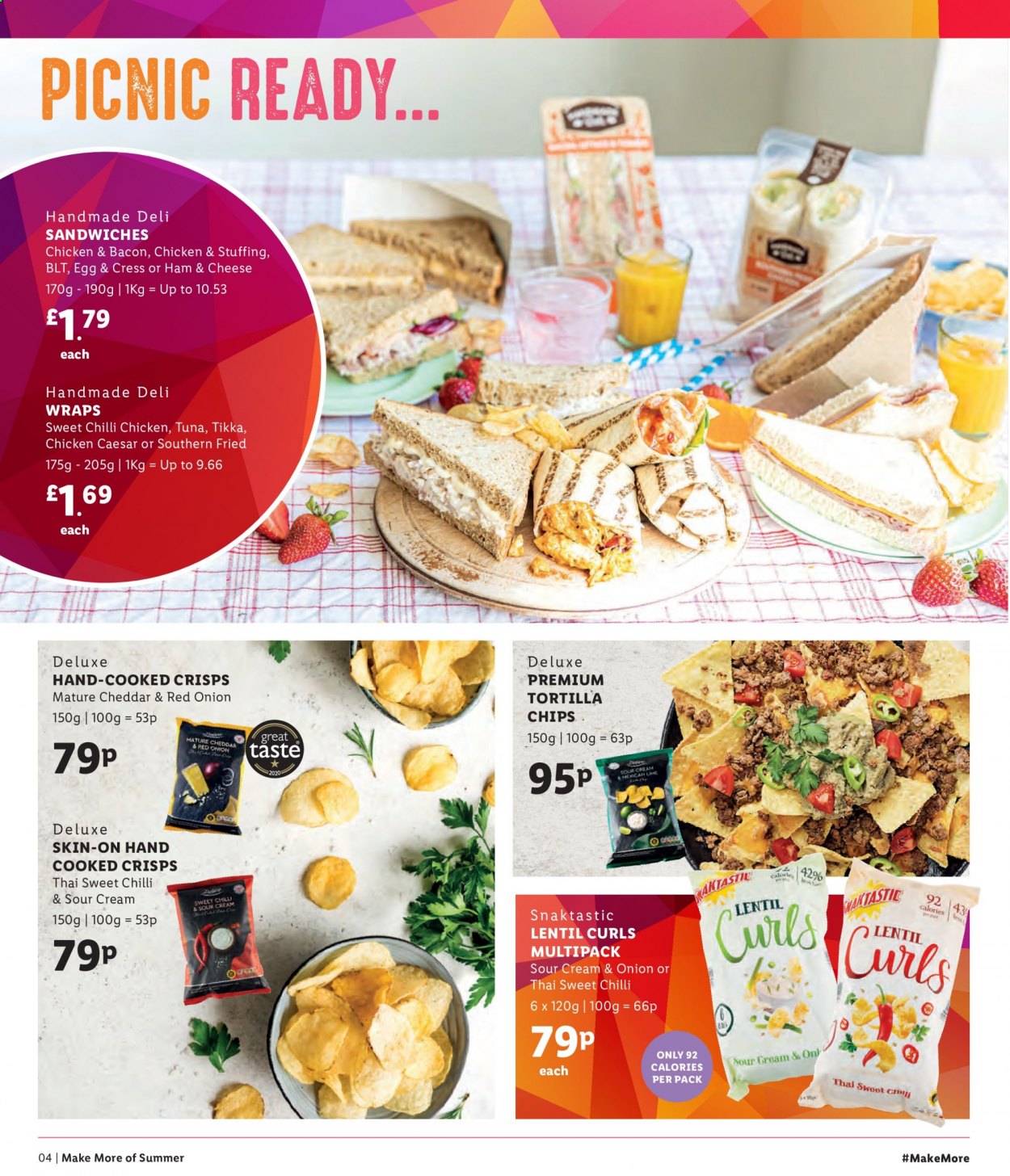 thumbnail - Lidl offer  - Sales products - tortillas, wraps, sandwich, bacon, eggs, chips, Tikka. Page 4.