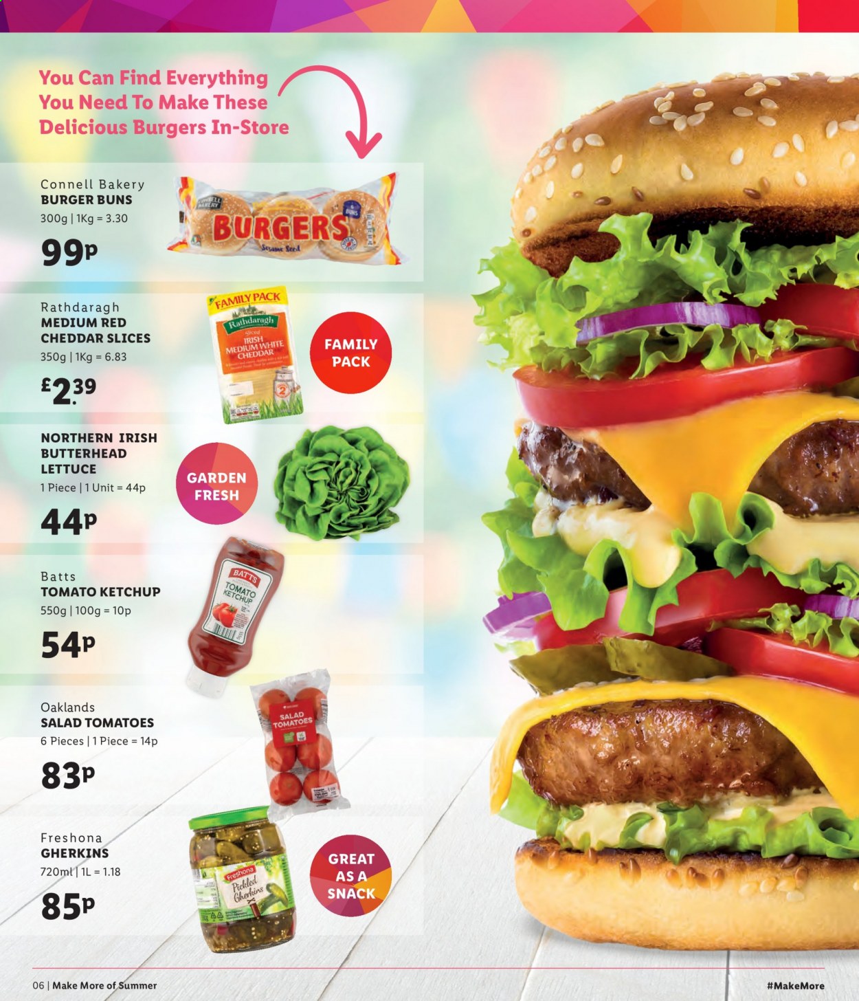 thumbnail - Lidl offer  - Sales products - tomatoes, salad, buns, burger buns, cheddar, snack, sesame seed, ketchup. Page 6.