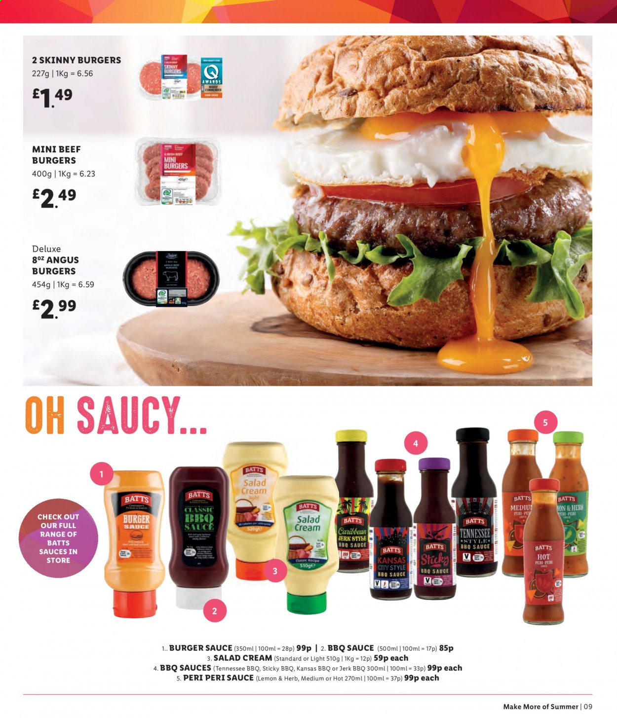 thumbnail - Lidl offer  - Sales products - beef burger, salad cream, BBQ sauce, peri peri sauce. Page 9.