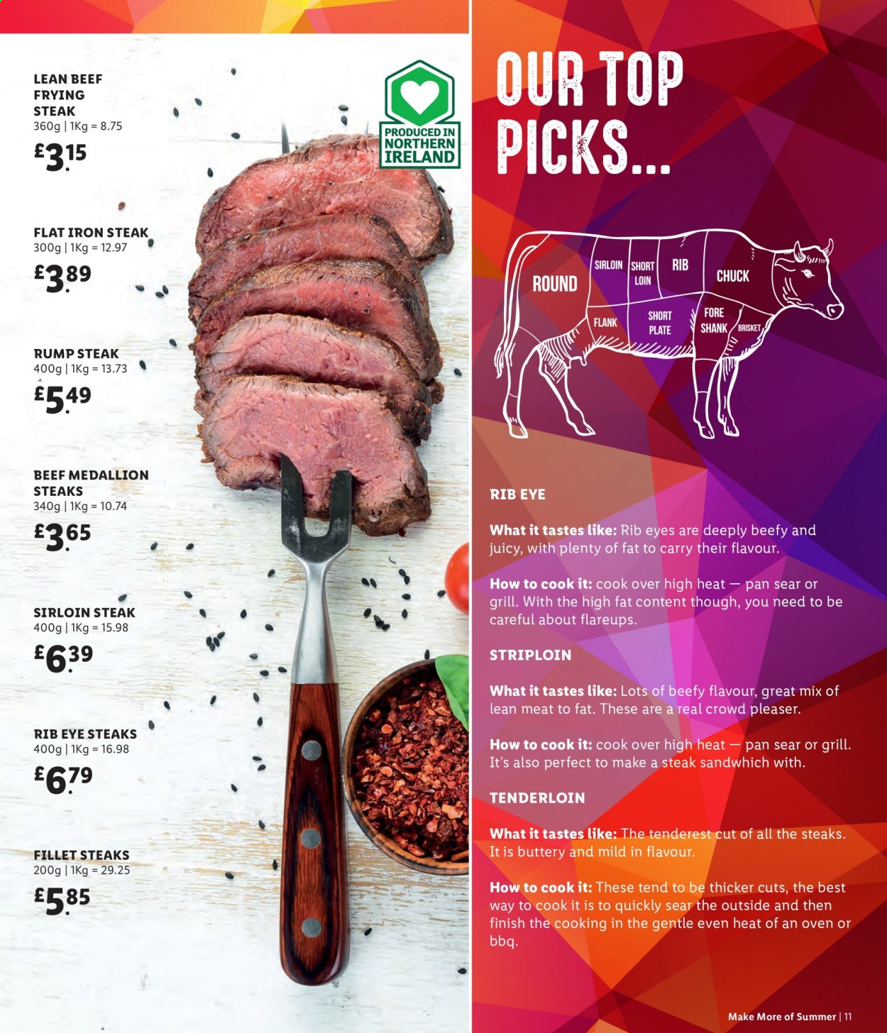 thumbnail - Lidl offer  - Sales products - beef meat, beef sirloin, steak, sirloin steak, rump steak, top blade, Plenty, plate, pan, iron, straightener, grill. Page 11.