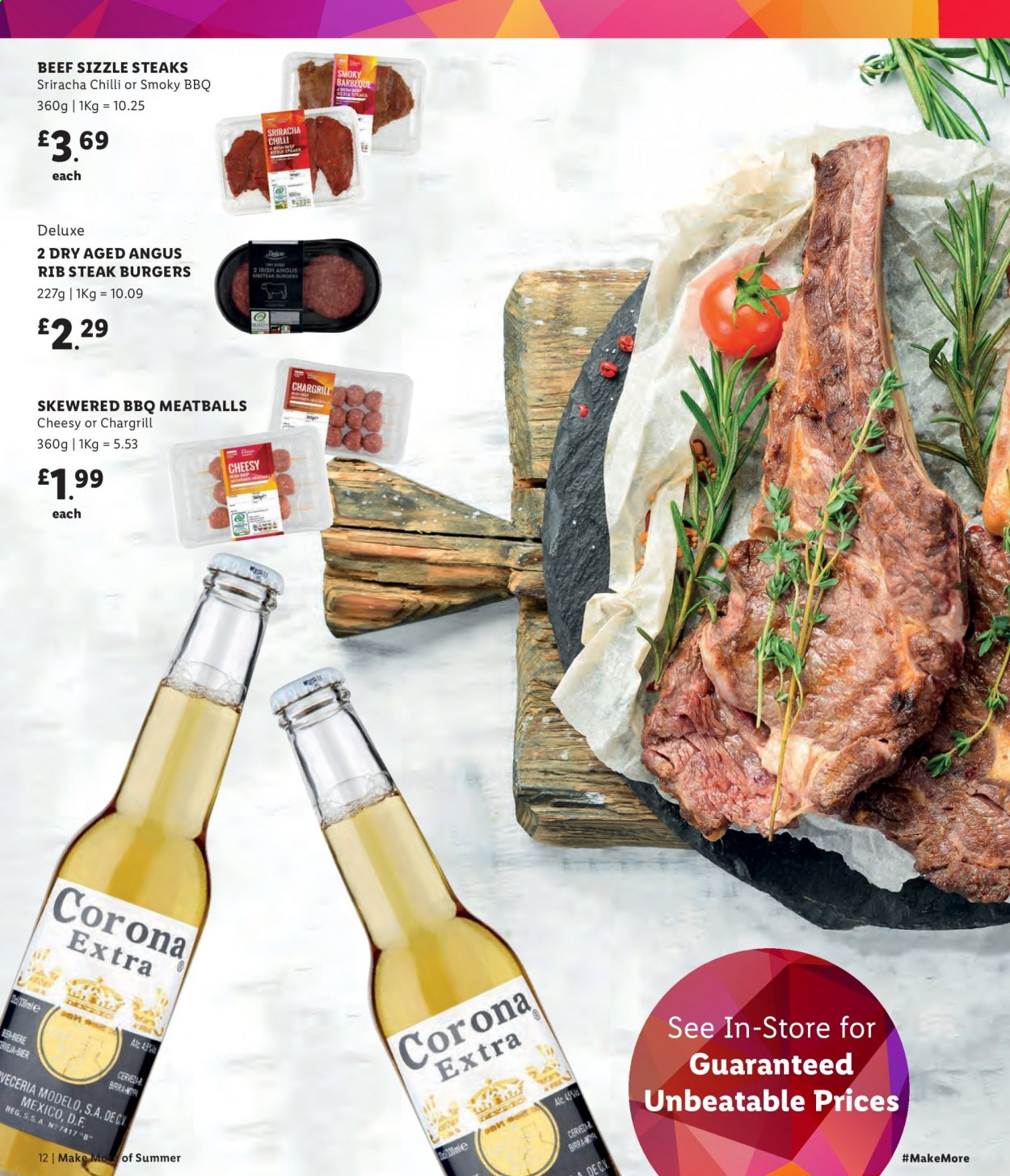 thumbnail - Lidl offer  - Sales products - Corona Extra, beer, Modelo, steak, hamburger, meatballs, sriracha. Page 12.