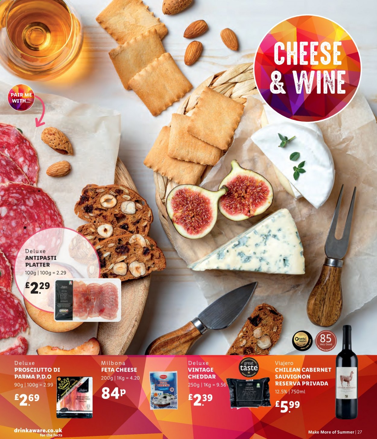thumbnail - Lidl offer  - Sales products - prosciutto, feta, cheddar, Cabernet Sauvignon, wine. Page 27.