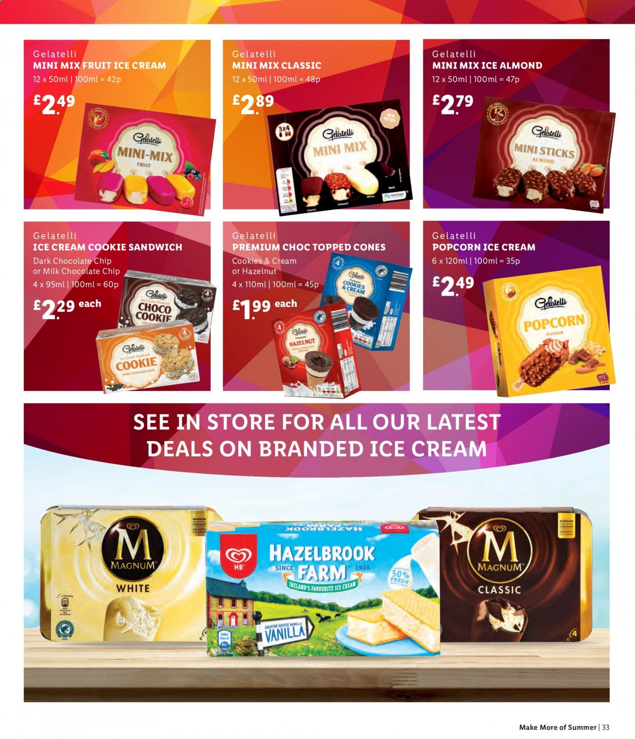 thumbnail - Lidl offer  - Sales products - sandwich, Magnum, ice cream, cookies, milk chocolate, chocolate chips, dark chocolate, popcorn. Page 33.