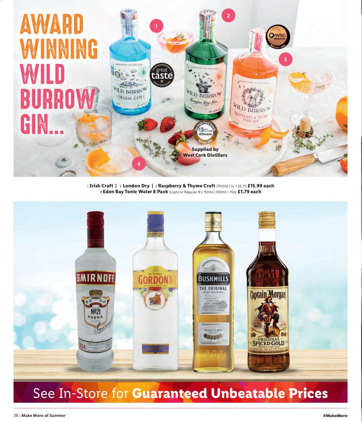 thumbnail - Lidl offer  - Sales products - spice, tonic, gin, vodka, whiskey, irish whiskey, Gordon's, whisky. Page 38.