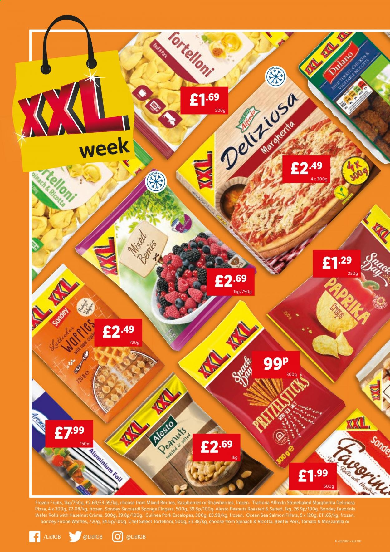 thumbnail - Lidl offer  - 20/05/2021 - 26/05/2021 - Sales products - raspberries, strawberries, waffles, salmon, salmon fillet, pizza, nuggets, ricotta, wafers, snack, peanuts, aluminium foil. Page 4.