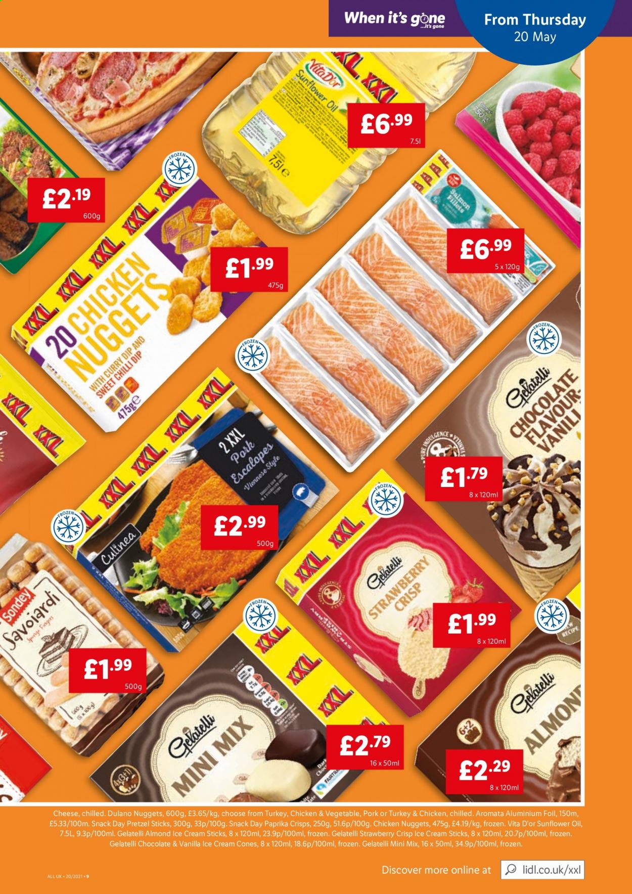 thumbnail - Lidl offer  - 20/05/2021 - 26/05/2021 - Sales products - pretzels, nuggets, chicken nuggets, cheese, dip, ice cream, snack, sunflower oil, aluminium foil. Page 5.
