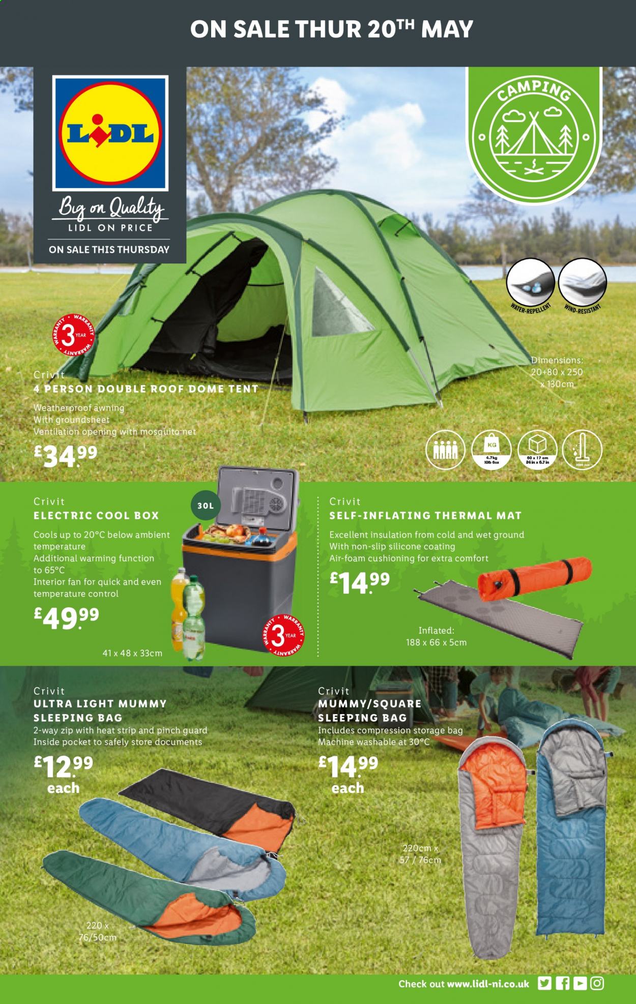thumbnail - Lidl offer  - 20/05/2021 - 20/05/2021 - Sales products - Crivit, storage bag, sleeping bag, tent, icebox cooler, awning. Page 1.